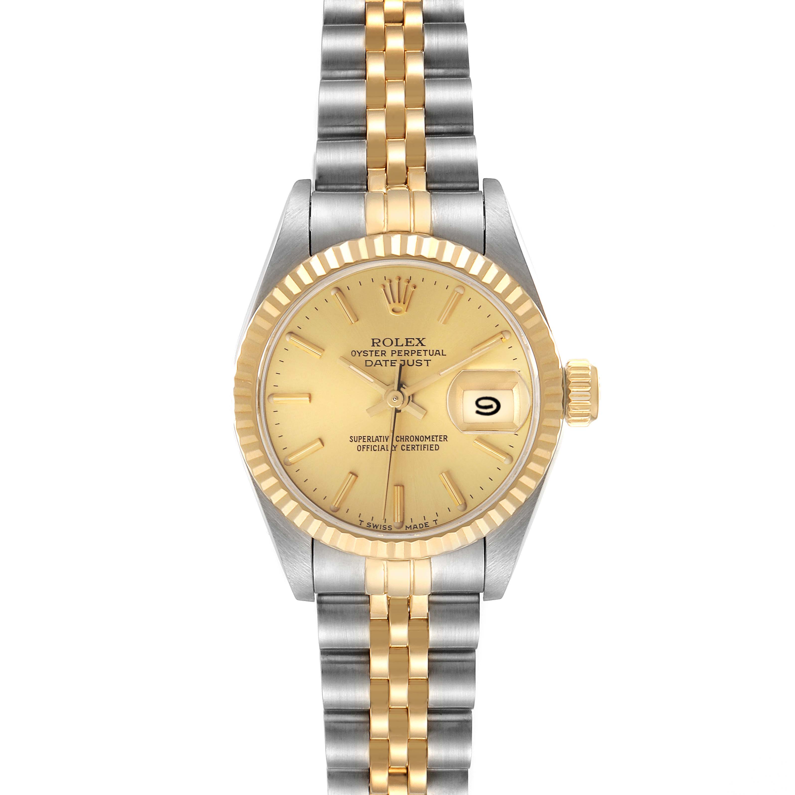 The Rolex Datejust 69173 Women's Steel and Gold (two tone) Champagne Dial 69173 Women's Steel and Gold (two tone) Champagne Dial watch is shown from a straight-on view, featuring its dial, bezel, crown, and bracelet.