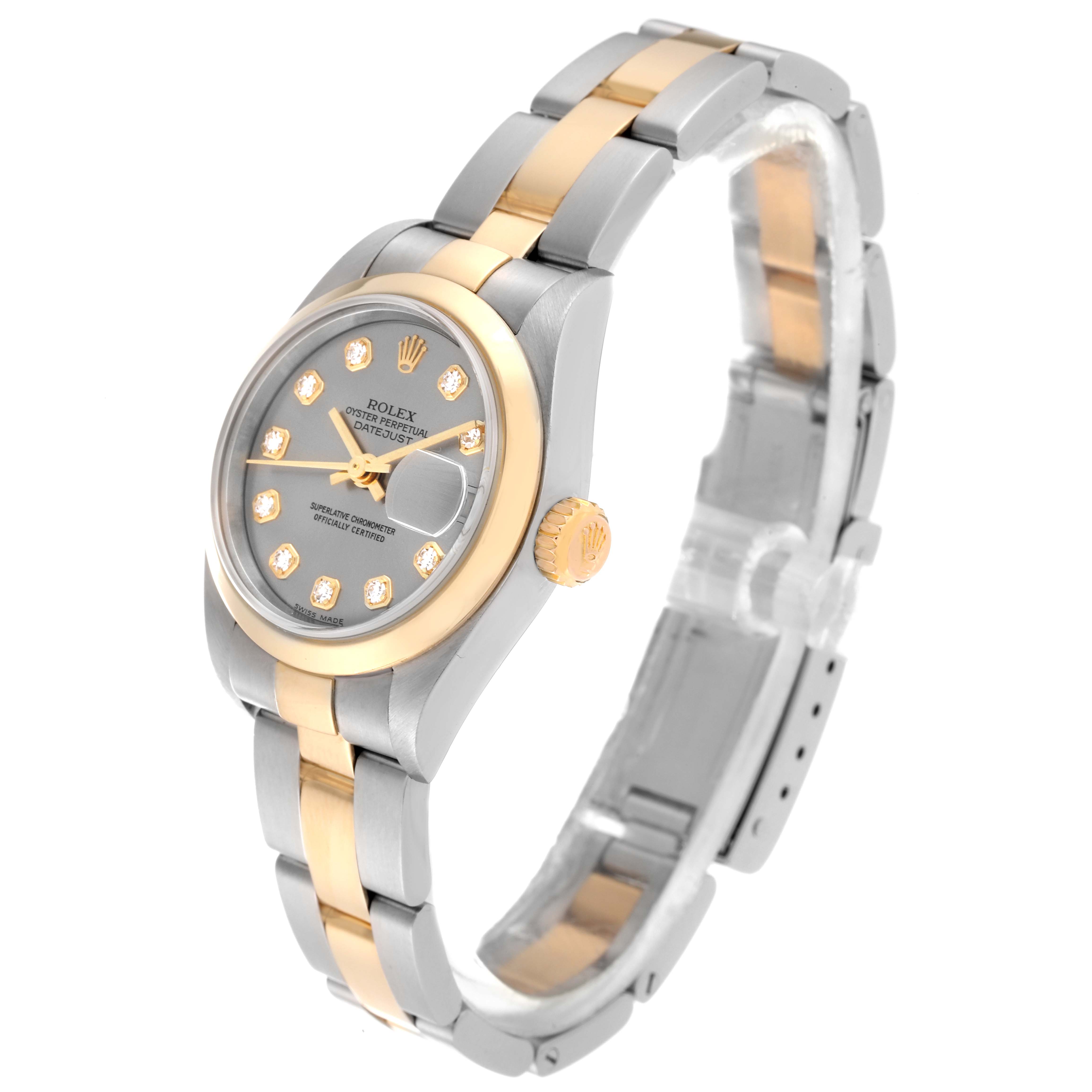 The watch is a Rolex Datejust 79163 Women's Steel and Gold (two tone) Grey Dial 79163 Women's Steel and Gold (two tone) Grey Dial, shown at a three-quarter angle, highlighting the face, bracelet, and crown.