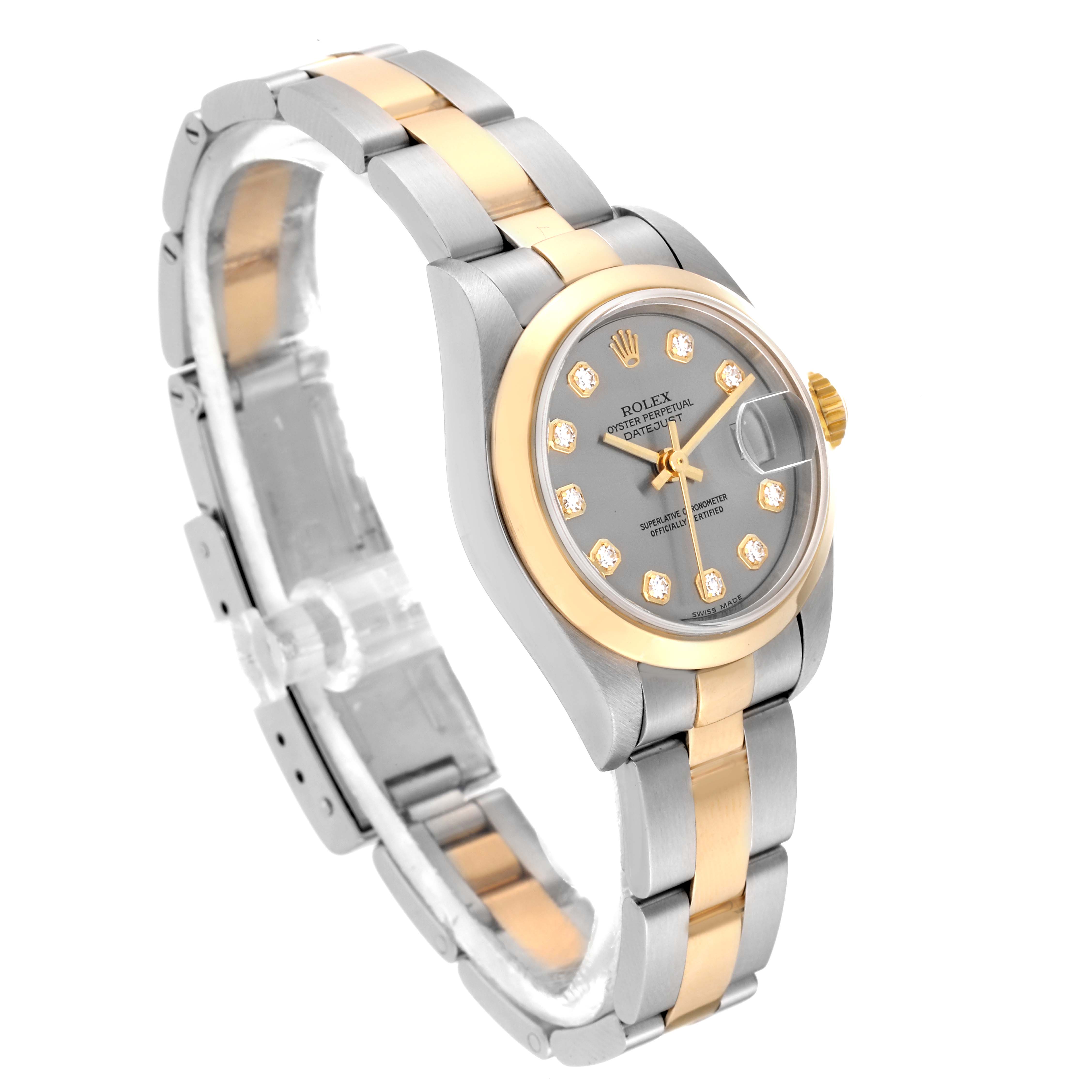 This image shows a side-angle view of a Rolex Datejust 79163 Women's Steel and Gold (two tone) Grey Dial 79163 Women's Steel and Gold (two tone) Grey Dial watch, including the bezel, dial, bracelet, and crown.