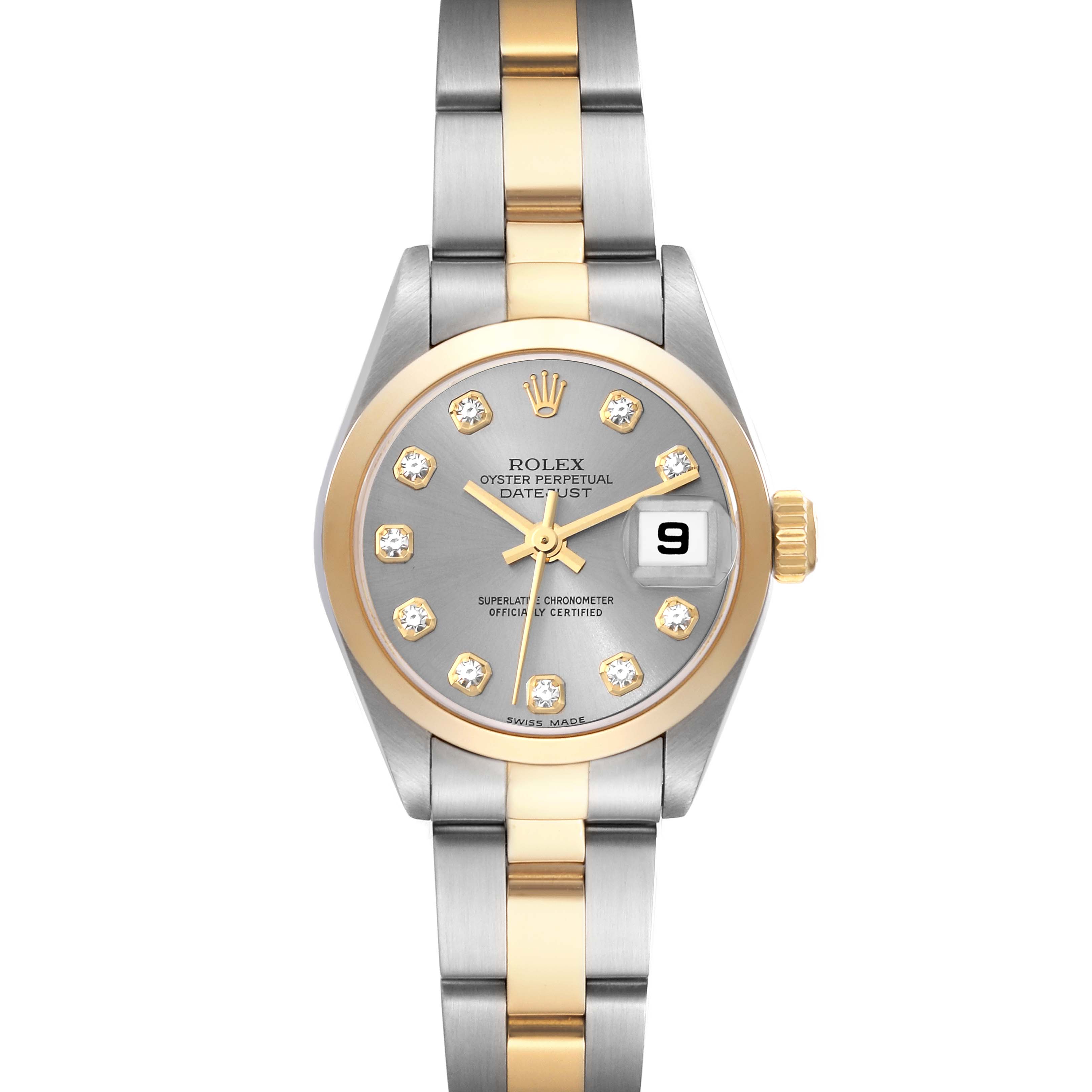 This image shows a front view of a Rolex Datejust 79163 Women's Steel and Gold (two tone) Grey Dial 79163 Women's Steel and Gold (two tone) Grey Dial watch featuring a two-tone bracelet and a date display.