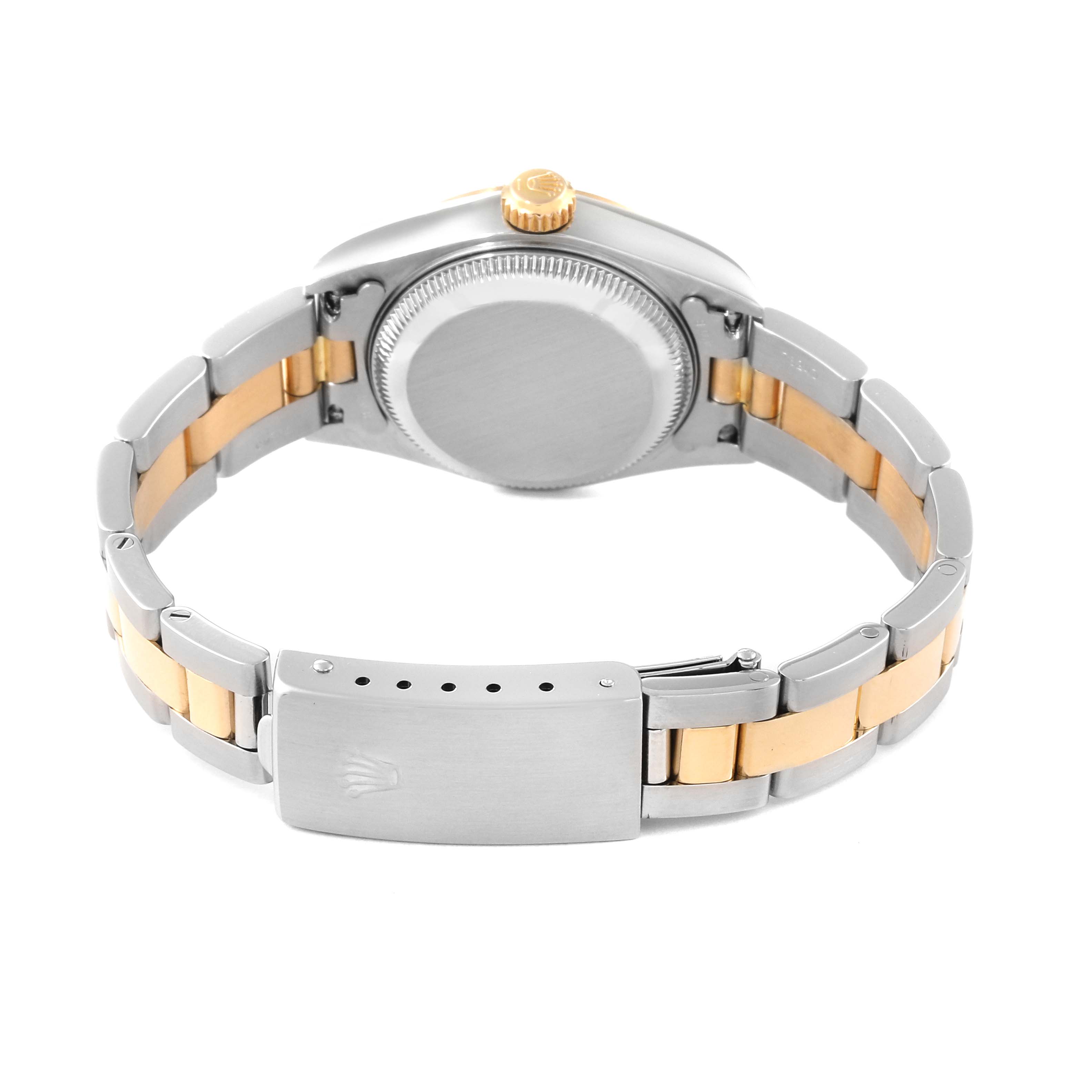 The image shows the backside and bracelet of a Rolex Datejust 79163 Women's Steel and Gold (two tone) Grey Dial 79163 Women's Steel and Gold (two tone) Grey Dial watch, highlighting the clasp and case back.