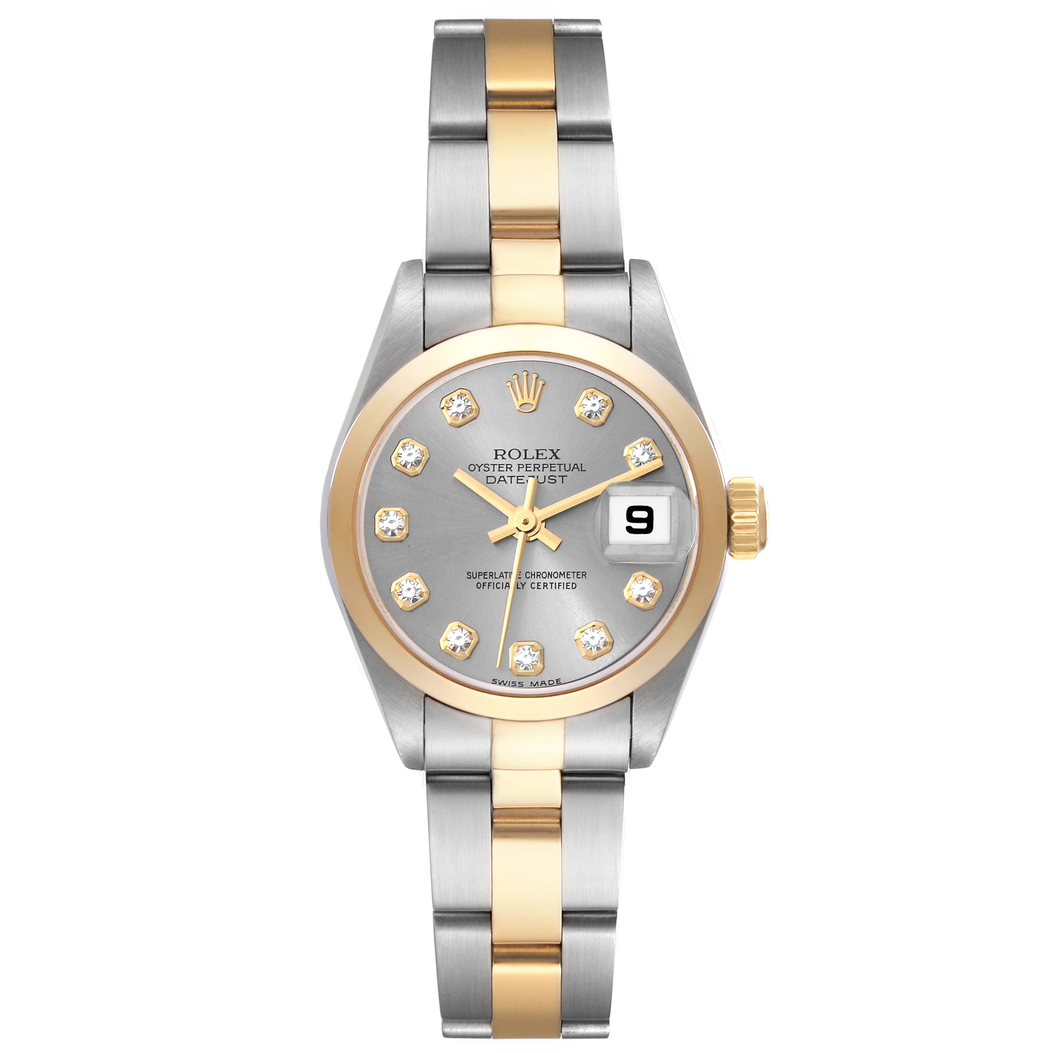 The image shows a frontal view of a Rolex Datejust 79163 Women's Steel and Gold (two tone) Grey Dial 79163 Women's Steel and Gold (two tone) Grey Dial watch featuring a two-tone band, a gold bezel, and a grey dial with diamond indices.