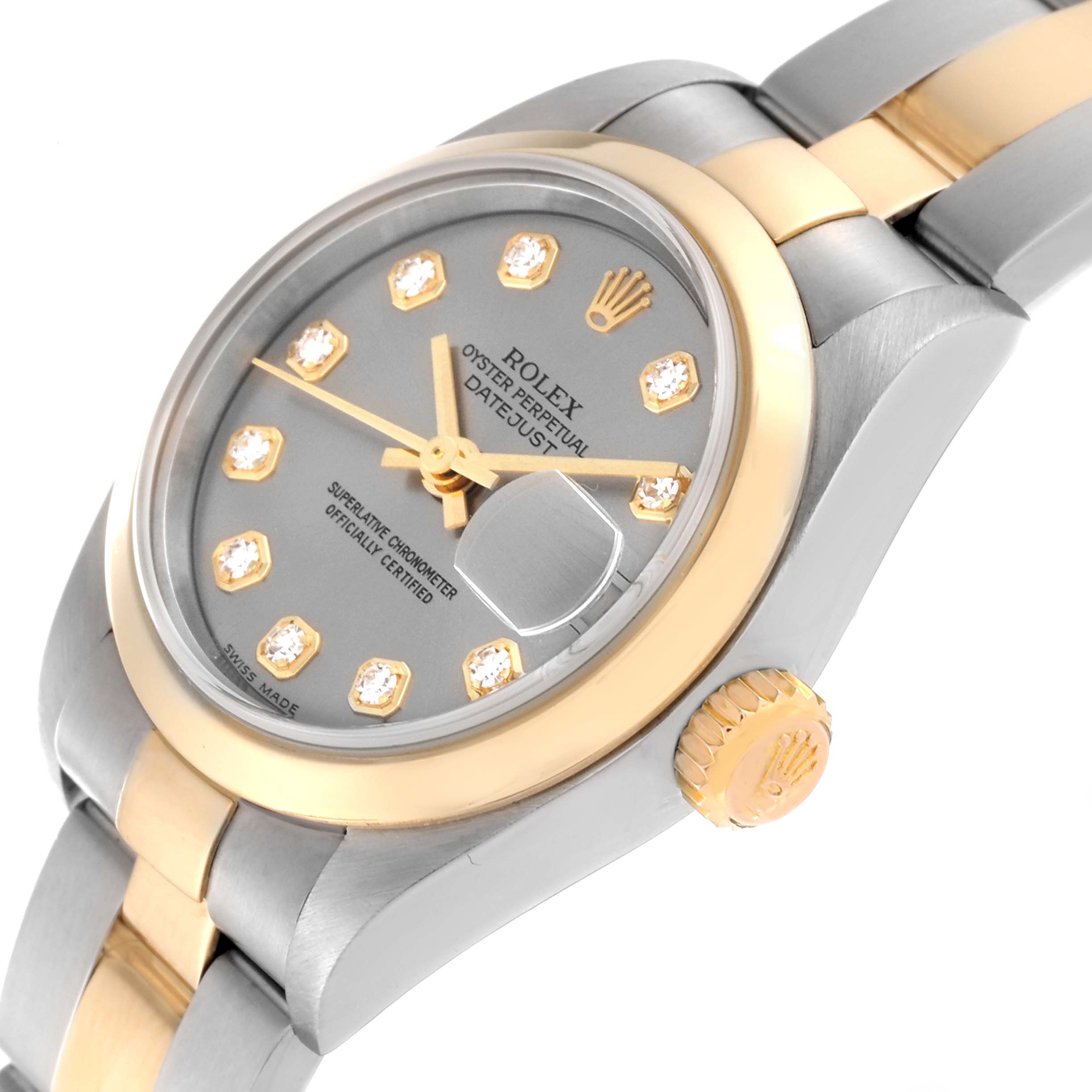 This is a close-up view of the face and part of the bracelet of a Rolex Datejust 79163 Women's Steel and Gold (two tone) Grey Dial 79163 Women's Steel and Gold (two tone) Grey Dial watch.