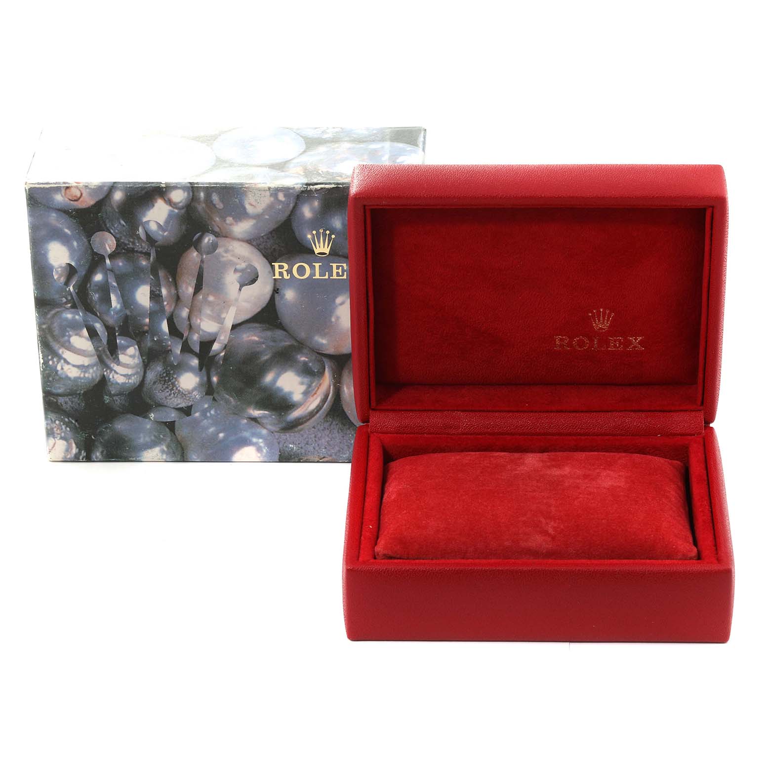 This image shows an empty, red Rolex Datejust 79163 Women's Steel and Gold (two tone) Grey Dial 79163 Women's Steel and Gold (two tone) Grey Dial watch box with the outer packaging in the background.
