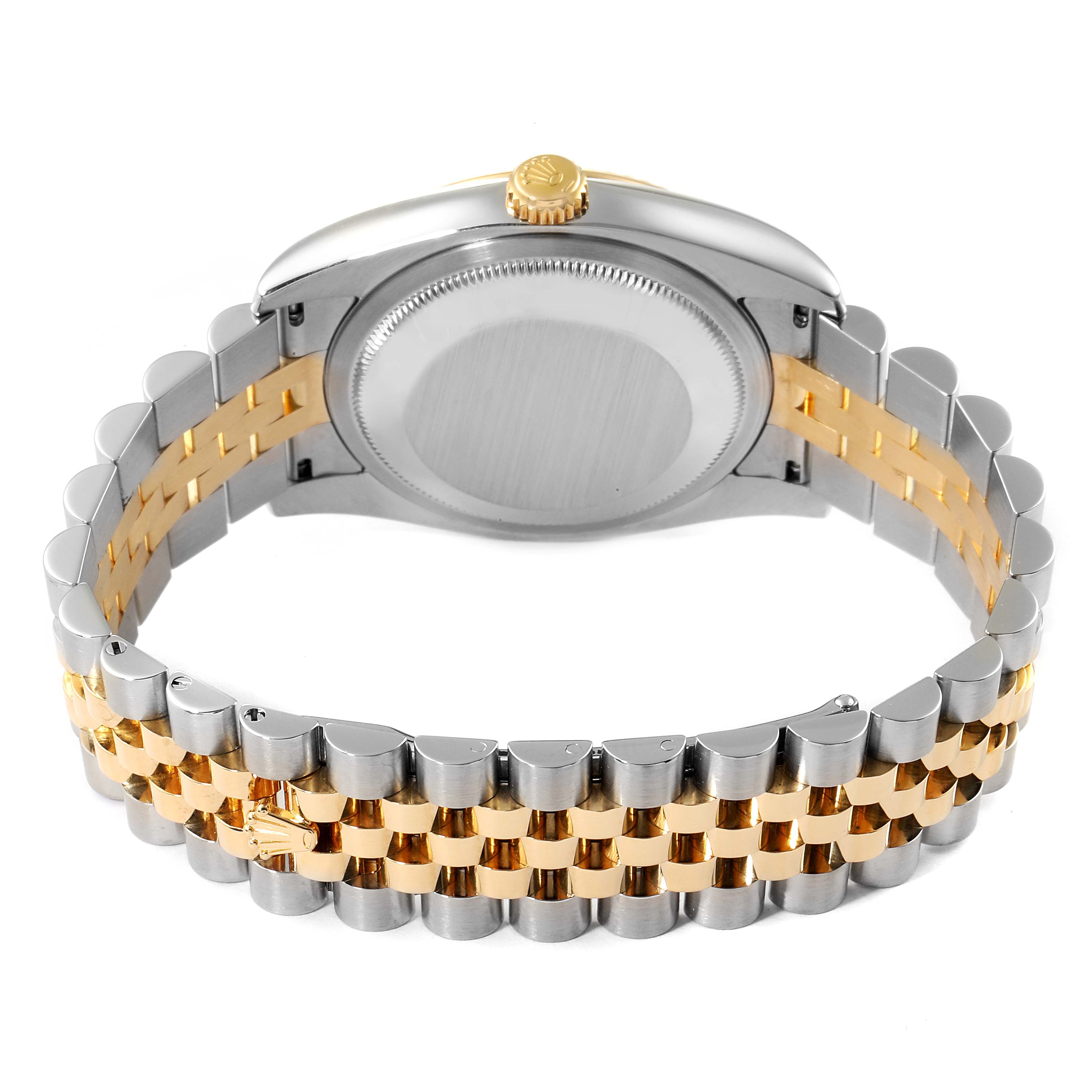 The image shows the back view of a Rolex Datejust 116233 Men's Steel and Gold (two tone) Black Dial 116233 Men's Steel and Gold (two tone) Black Dial model, highlighting its two-tone bracelet and case back.