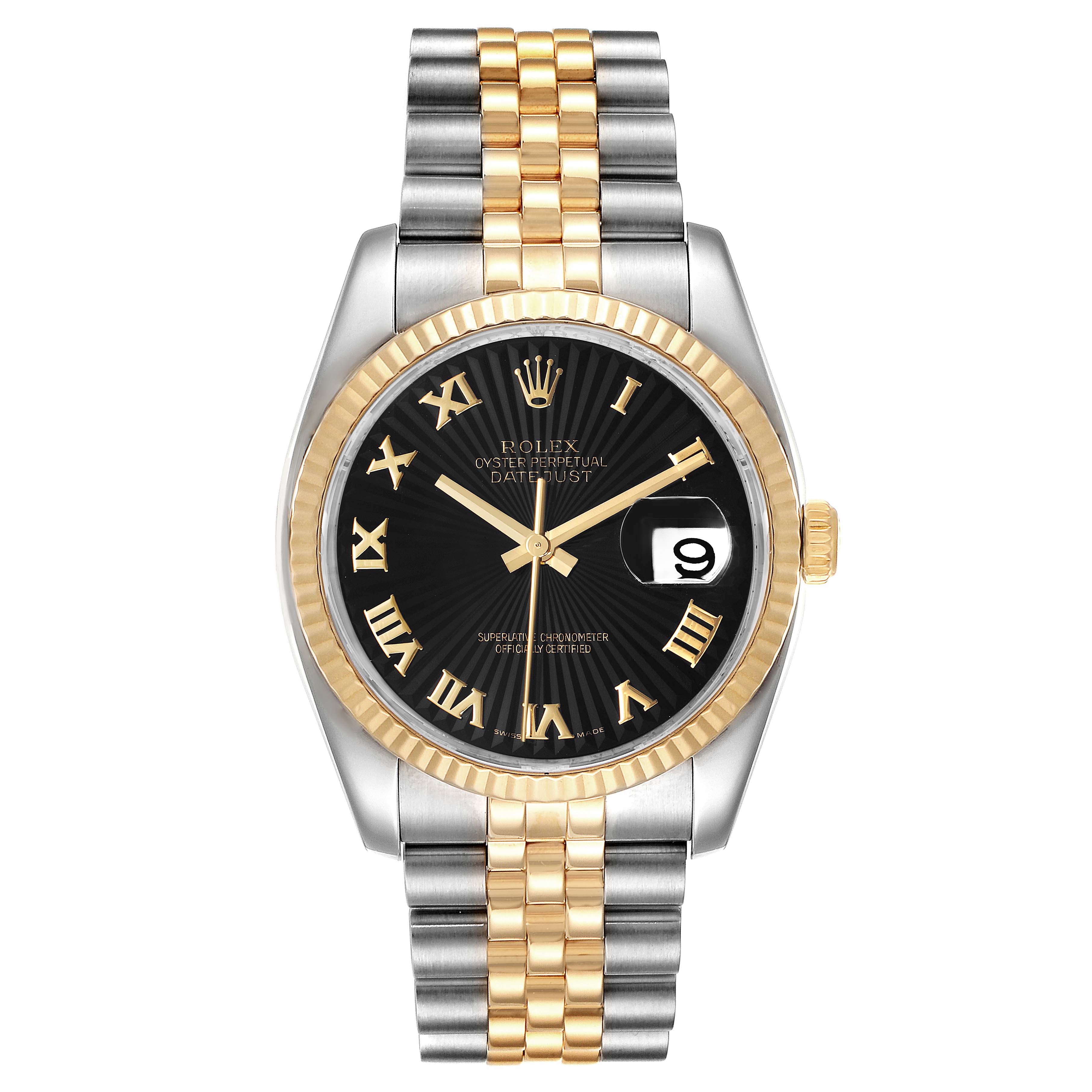The image shows a Rolex Datejust 116233 Men's Steel and Gold (two tone) Black Dial 116233 Men's Steel and Gold (two tone) Black Dial watch from a frontal angle, displaying its black dial, Roman numerals, and two-tone metal bracelet.