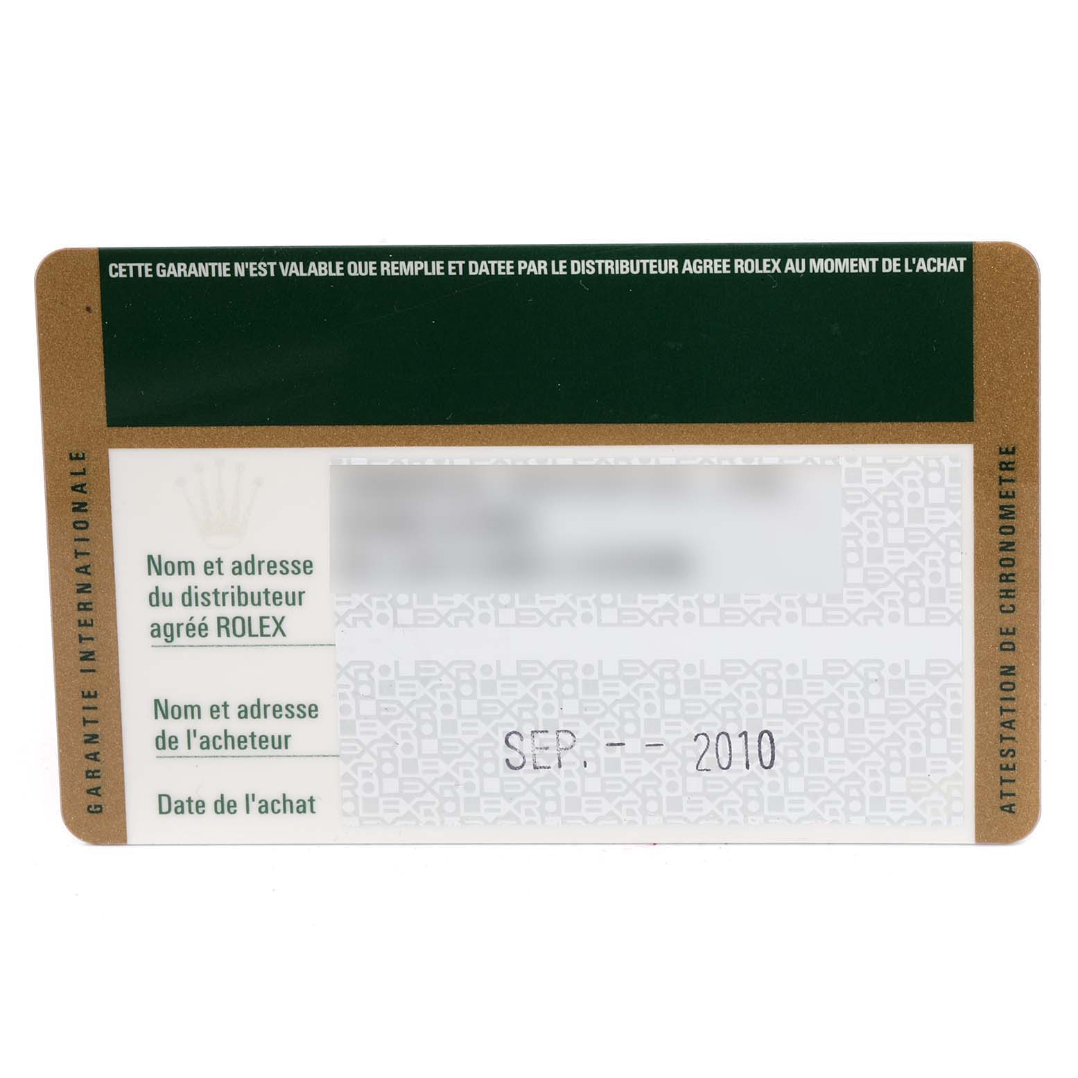 This image shows a guarantee card for a Rolex Datejust 116233 Men's Steel and Gold (two tone) Black Dial 116233 Men's Steel and Gold (two tone) Black Dial watch, featuring purchase details and retailer information.