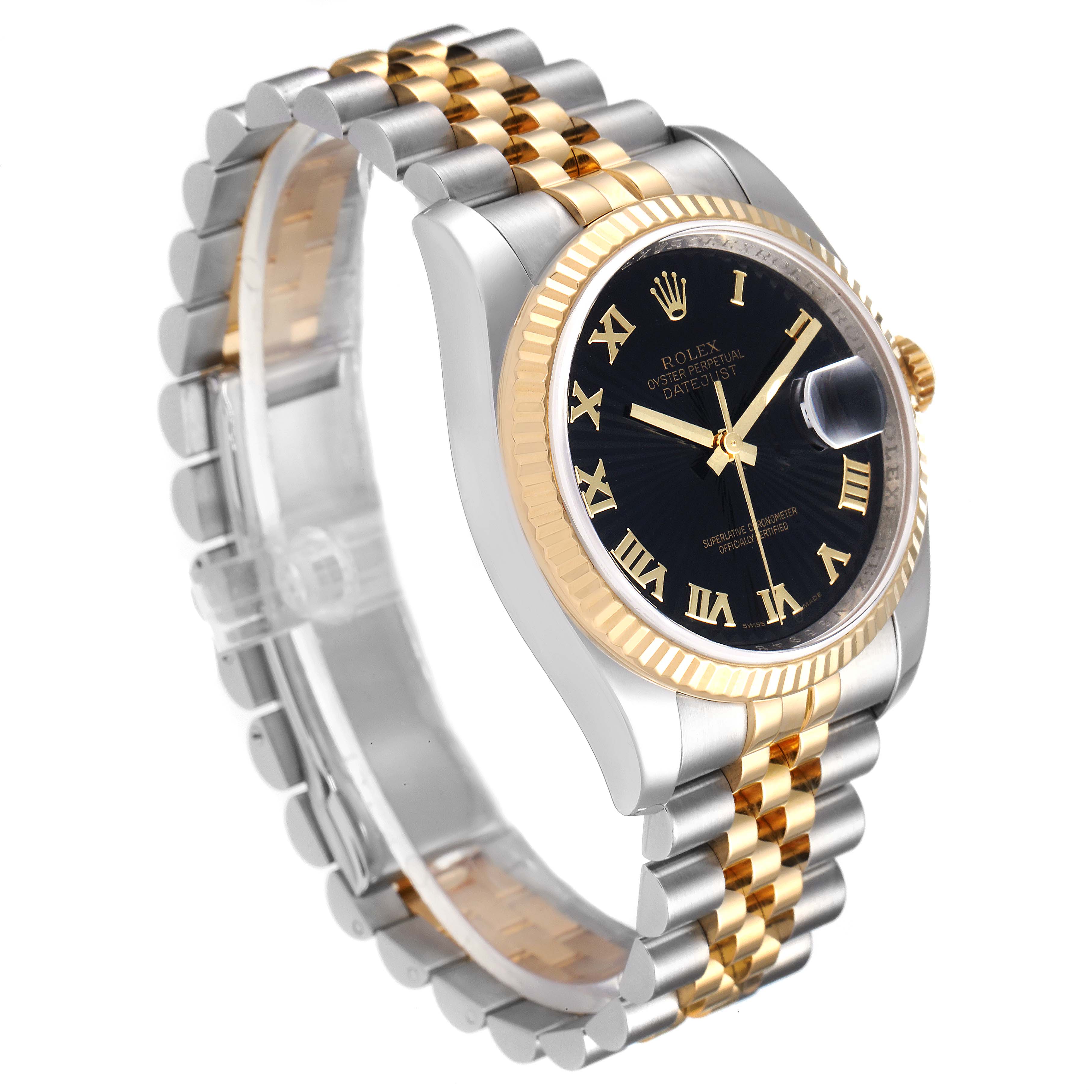 The image shows a Rolex Datejust 116233 Men's Steel and Gold (two tone) Black Dial 116233 Men's Steel and Gold (two tone) Black Dial watch at a side angle, highlighting the two-tone bracelet, bezel, and face.