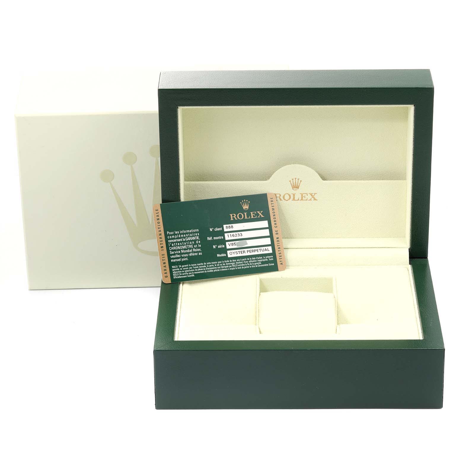 The image shows an open box for a Rolex Datejust 116233 Men's Steel and Gold (two tone) Black Dial 116233 Men's Steel and Gold (two tone) Black Dial watch, displaying the card and inner compartments at a slight angle.