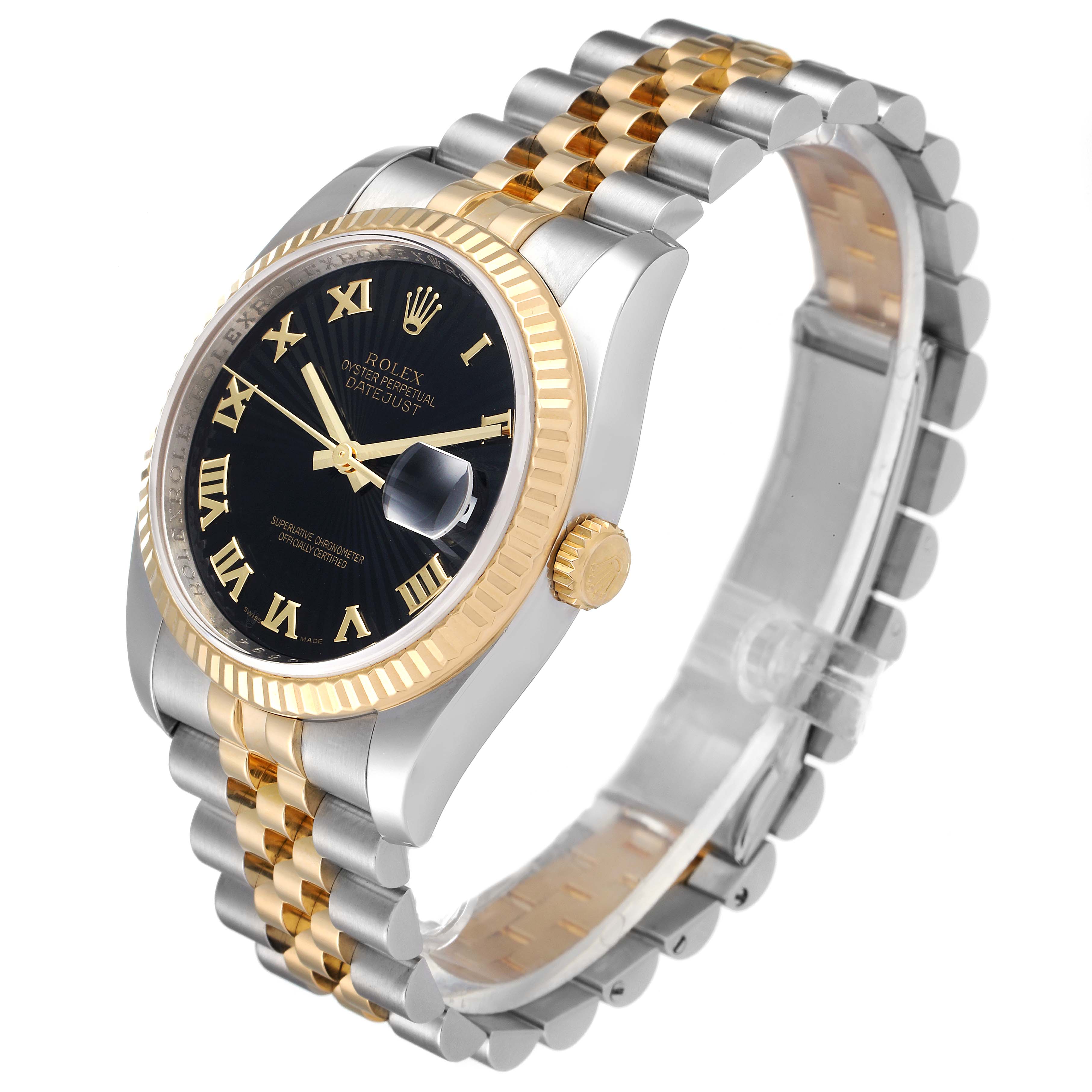 The Rolex Datejust 116233 Men's Steel and Gold (two tone) Black Dial 116233 Men's Steel and Gold (two tone) Black Dial watch is shown at a slight angle, highlighting the black dial, gold fluted bezel, Jubilee bracelet, and the crown.
