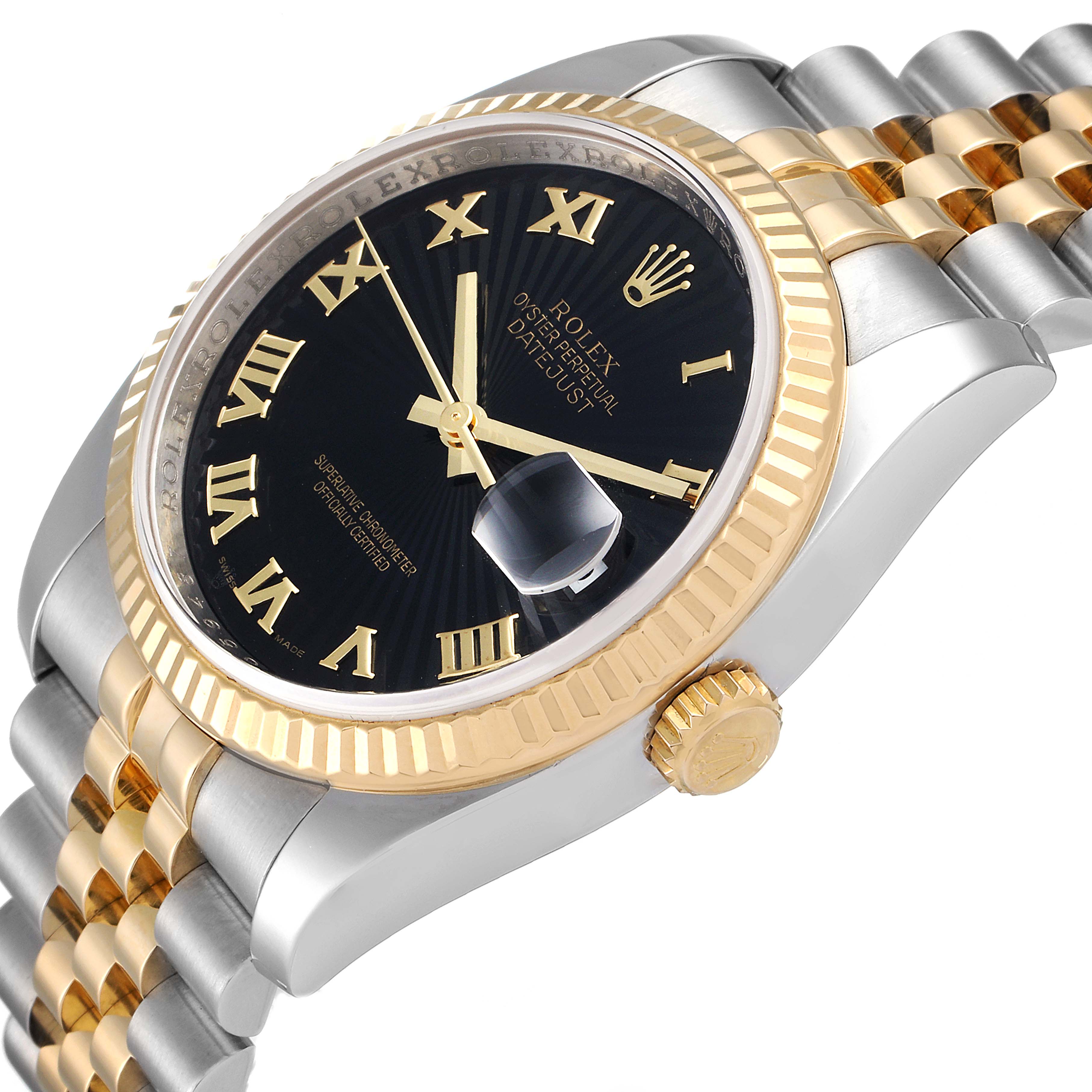 The Rolex Datejust 116233 Men's Steel and Gold (two tone) Black Dial 116233 Men's Steel and Gold (two tone) Black Dial model is shown at a side angle, displaying the bezel, crown, black dial, and part of the bracelet.