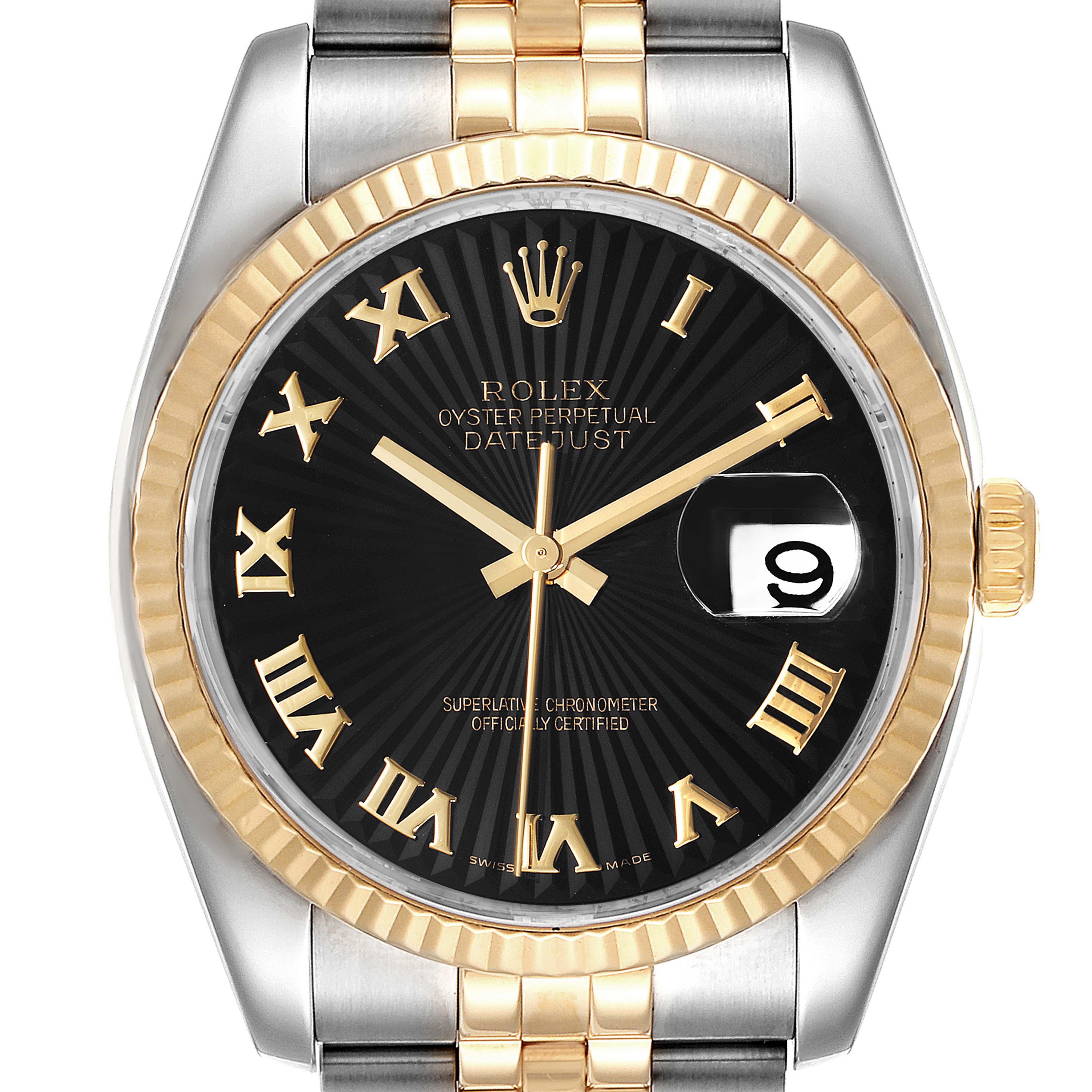 The image shows a Rolex Datejust 116233 Men's Steel and Gold (two tone) Black Dial 116233 Men's Steel and Gold (two tone) Black Dial watch from a front angle, displaying its black dial, gold Roman numerals, and fluted bezel.