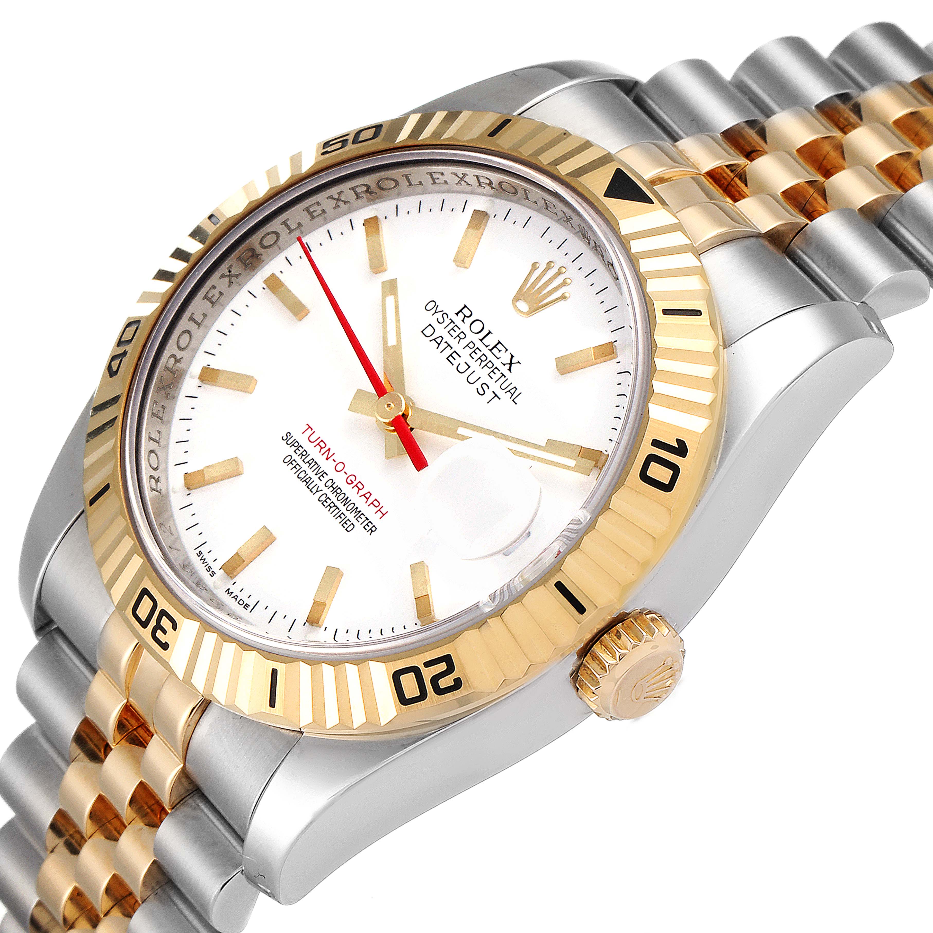 The image shows a Rolex Turn-o-Graph 116263 Men
s Steel and Gold (two tone) White Dial 116263 Men
s Steel and Gold (two tone) White Dial watch at an angle highlighting the bezel, dial, crown, bracelet, and clasp.