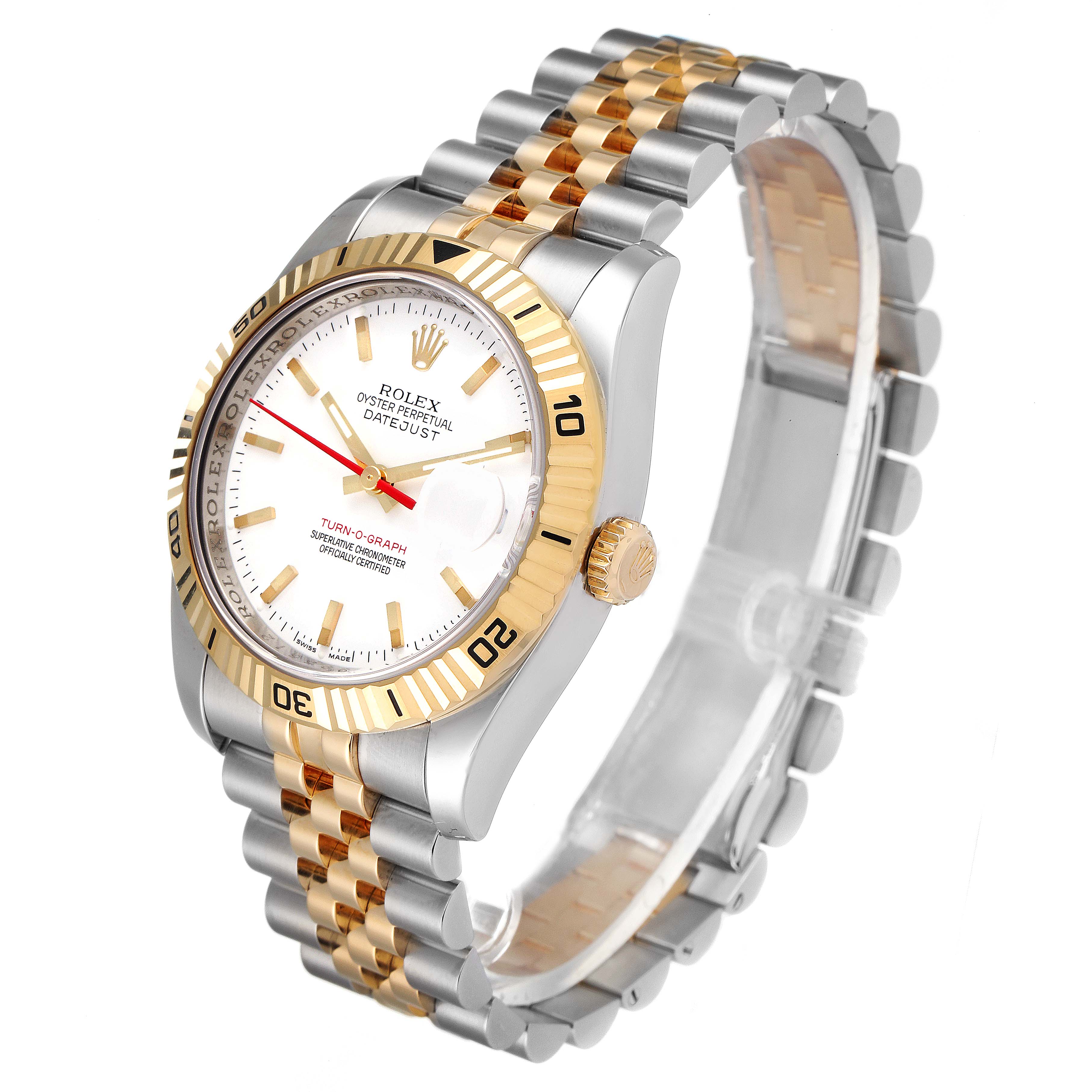 The Rolex Turn-o-Graph 116263 Men
s Steel and Gold (two tone) White Dial 116263 Men
s Steel and Gold (two tone) White Dial watch is shown at a side angle, displaying its gold bezel, dial, crown, and two-tone bracelet.