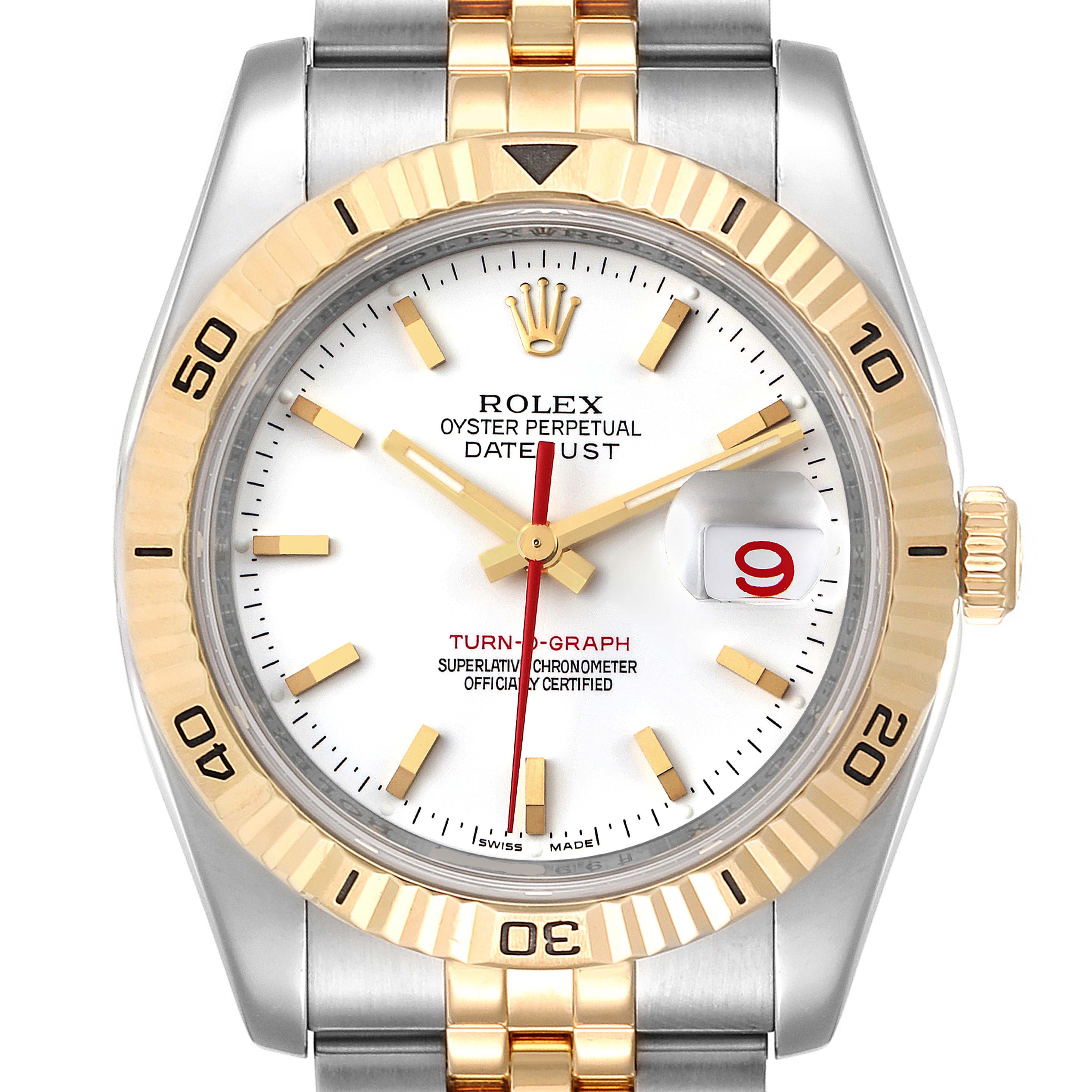 The image shows a Rolex Turn-o-Graph 116263 Men
s Steel and Gold (two tone) White Dial 116263 Men
s Steel and Gold (two tone) White Dial watch face with a fluted bezel, gold and silver bracelet, and date window at 3 o
clock.