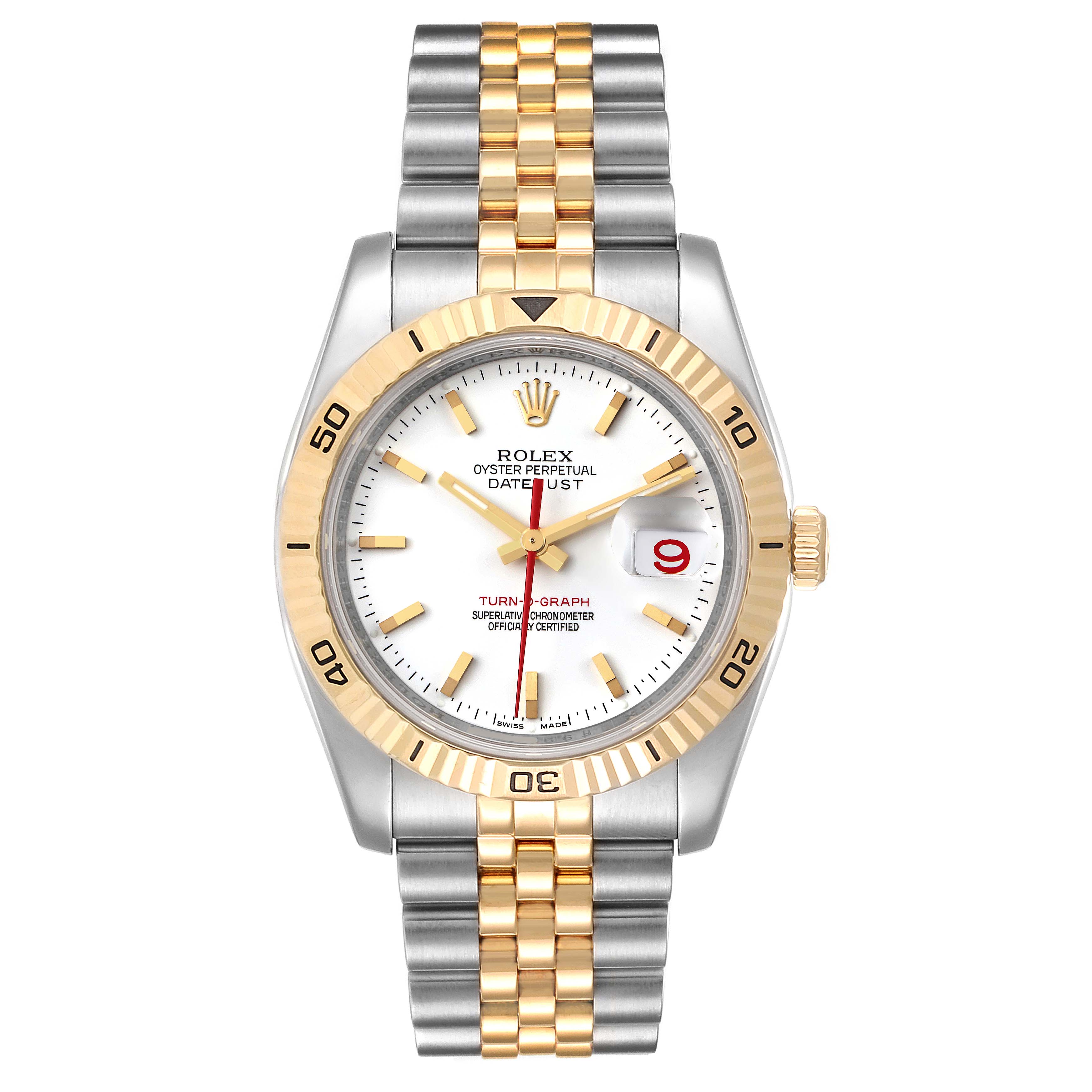 This Rolex Turn-o-Graph 116263 Men
s Steel and Gold (two tone) White Dial 116263 Men
s Steel and Gold (two tone) White Dial watch is shown from the front, displaying the bezel, dial, hands, bracelet, and date window.