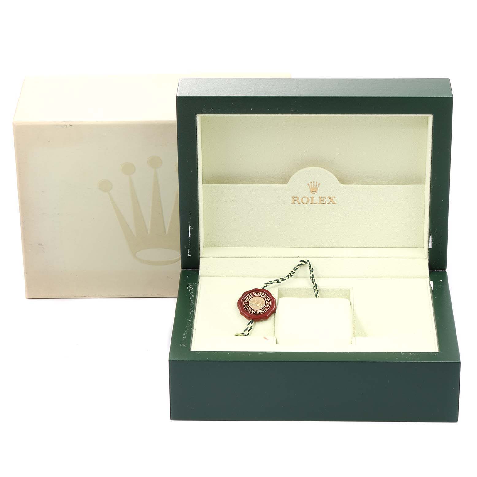 The image shows the open presentation box and tag for a Rolex Turn-o-Graph 116263 Men
s Steel and Gold (two tone) White Dial 116263 Men
s Steel and Gold (two tone) White Dial watch.