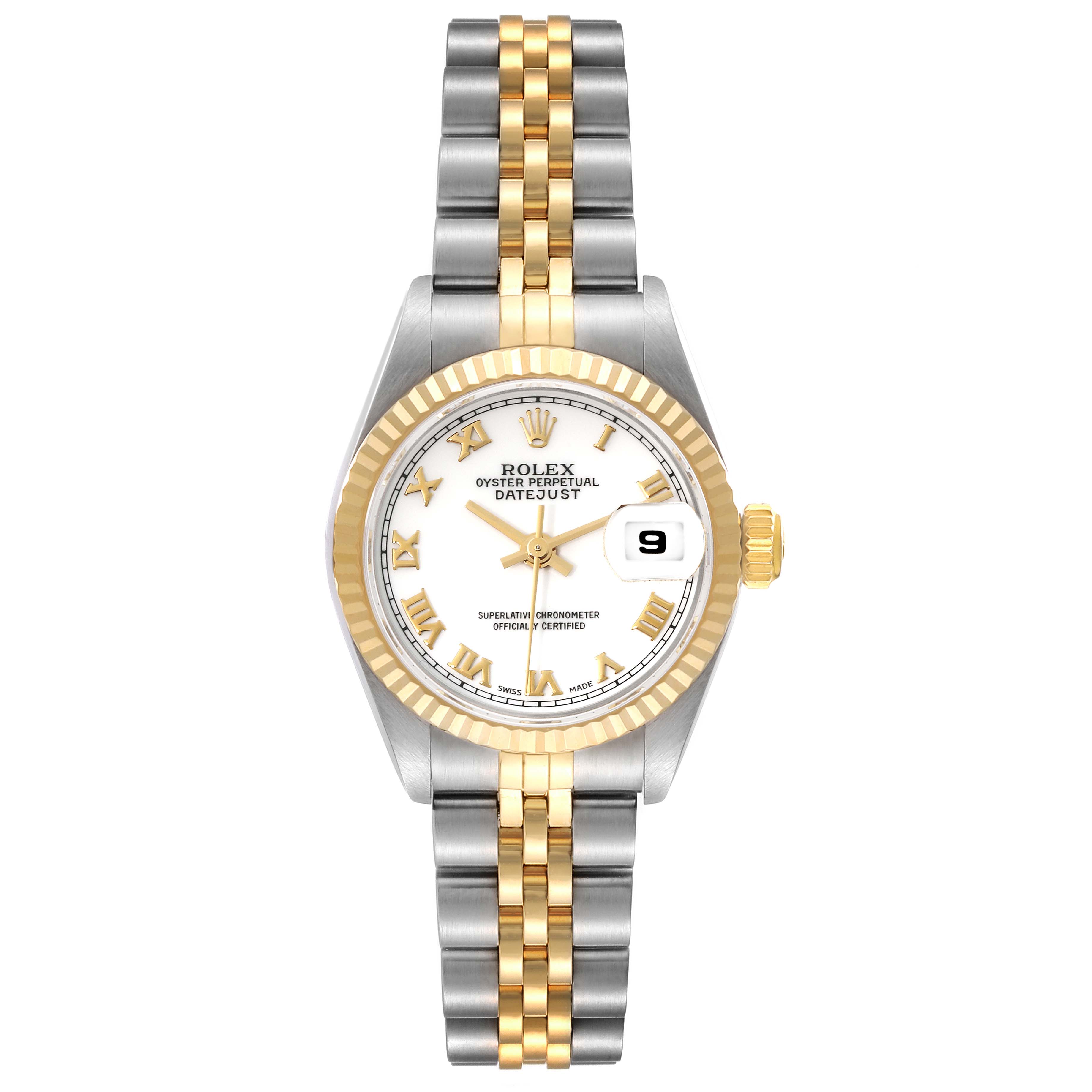 The image shows a front view of the Rolex Datejust 69173 Women's Steel and Gold (two tone) White Dial 69173 Women's Steel and Gold (two tone) White Dial watch, detailing the face, bezel, crown, and two-tone Jubilee bracelet.