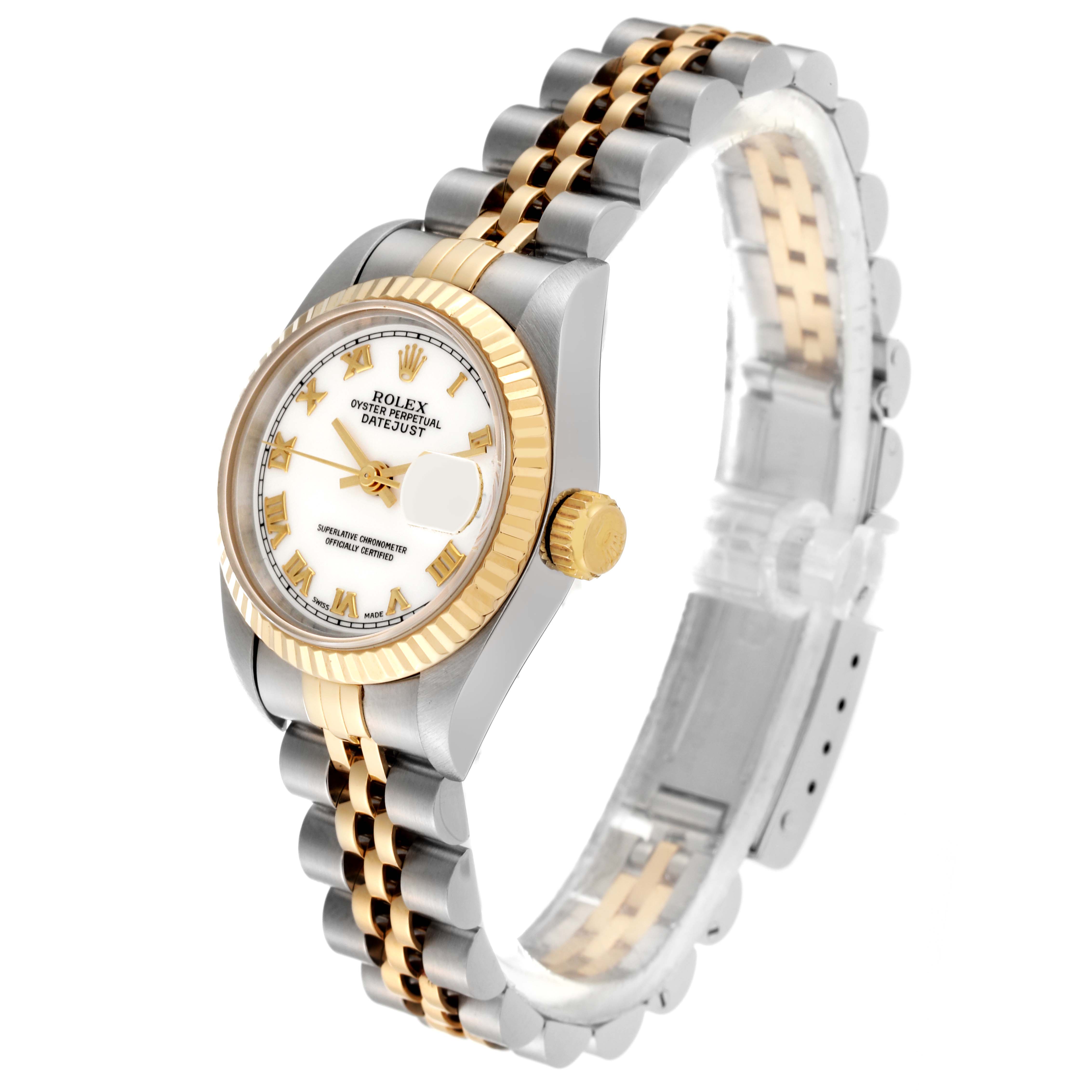 The image shows a Rolex Datejust 69173 Women's Steel and Gold (two tone) White Dial 69173 Women's Steel and Gold (two tone) White Dial watch at a three-quarter angle, displaying the dial, crown, and part of the bracelet.