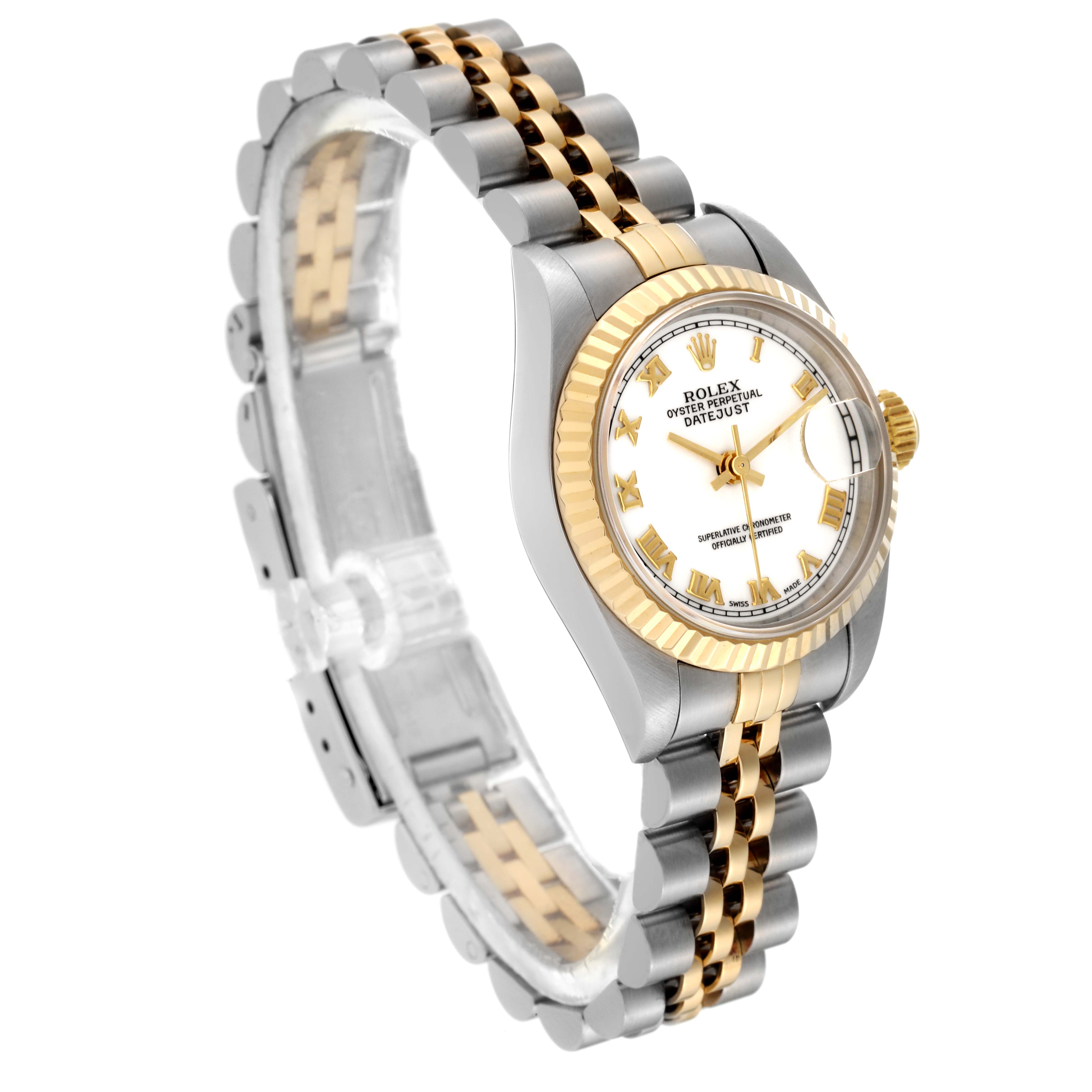The Rolex Datejust 69173 Women's Steel and Gold (two tone) White Dial 69173 Women's Steel and Gold (two tone) White Dial watch is shown at an angled view, highlighting the face, case, and two-tone bracelet.