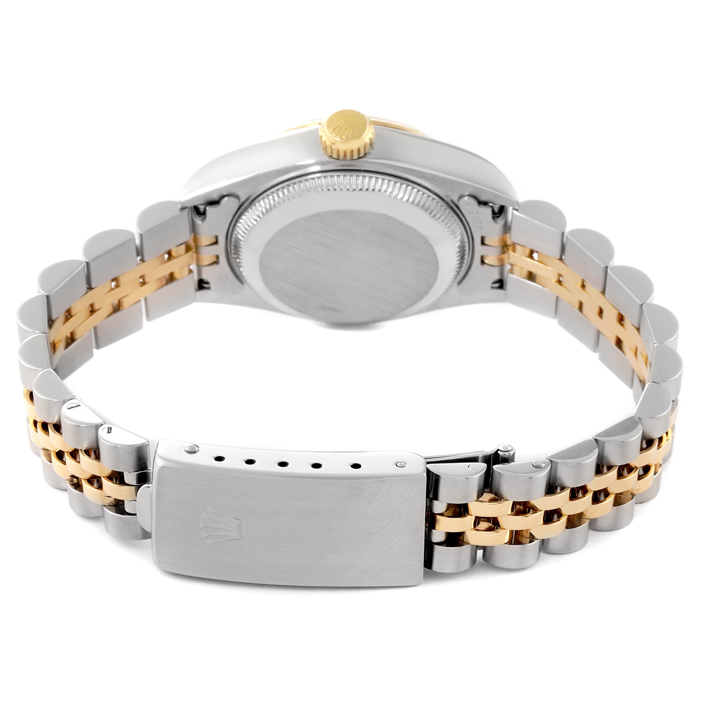 This image shows the Rolex Datejust 69173 Women's Steel and Gold (two tone) White Dial 69173 Women's Steel and Gold (two tone) White Dial watch from a rear angle, highlighting its clasp, bracelet, and case back.