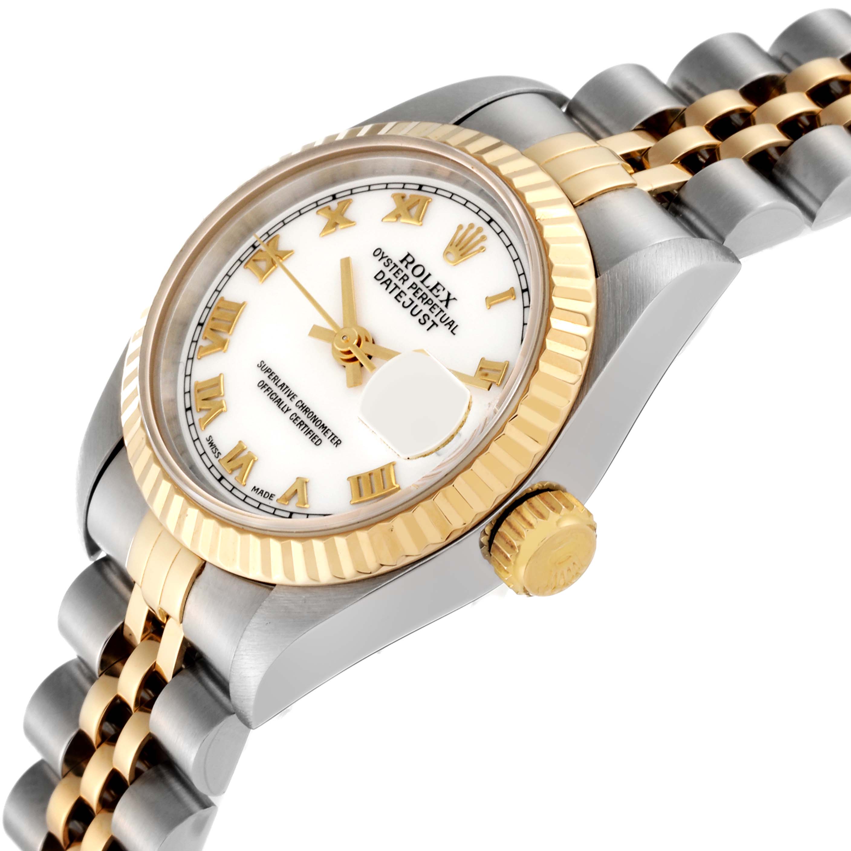The image shows a close-up angle of a Rolex Datejust 69173 Women's Steel and Gold (two tone) White Dial 69173 Women's Steel and Gold (two tone) White Dial, highlighting its dial, crown, and two-tone bracelet.