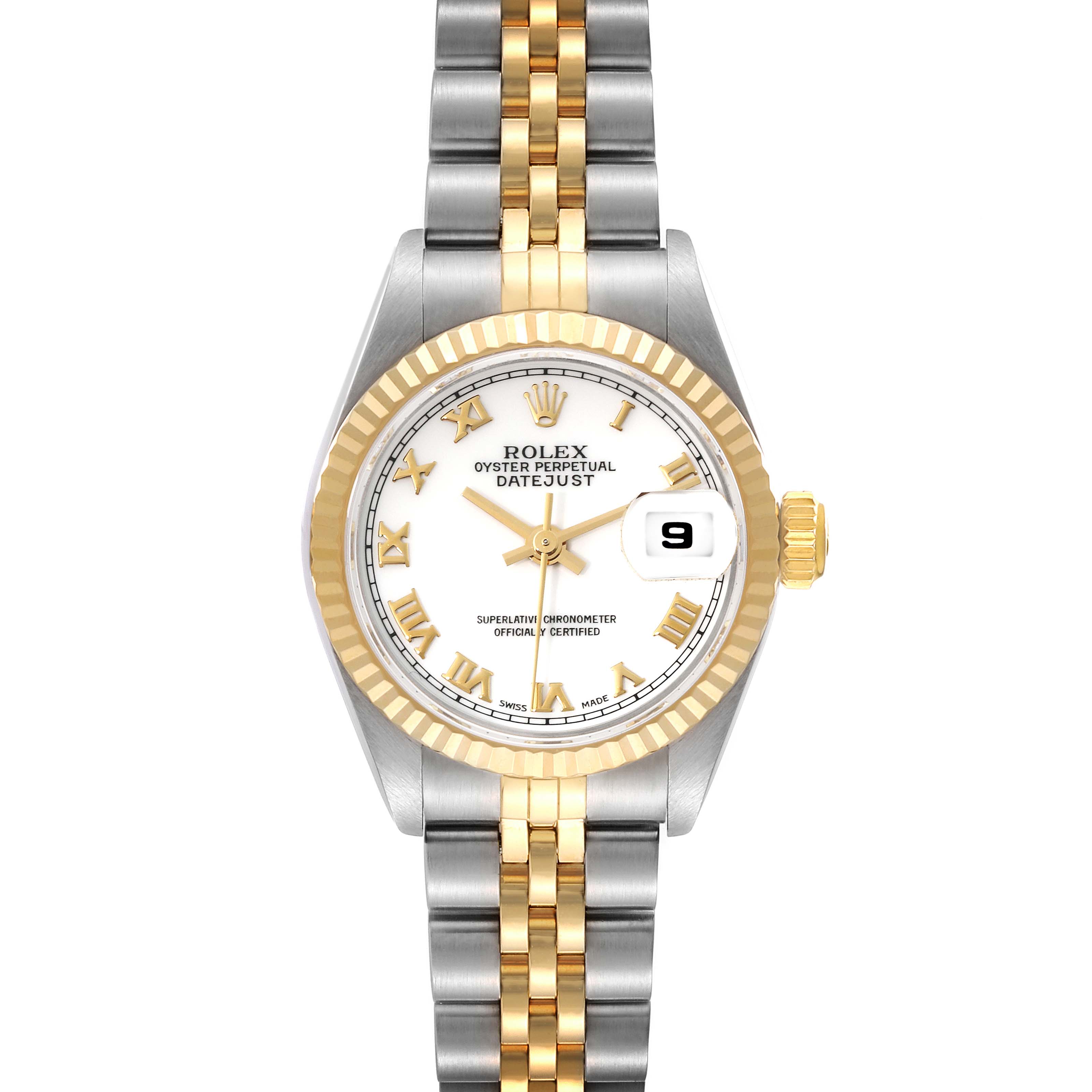 The image shows a front view of a Rolex Datejust 69173 Women's Steel and Gold (two tone) White Dial 69173 Women's Steel and Gold (two tone) White Dial watch, highlighting its dial, bezel, and bracelet.