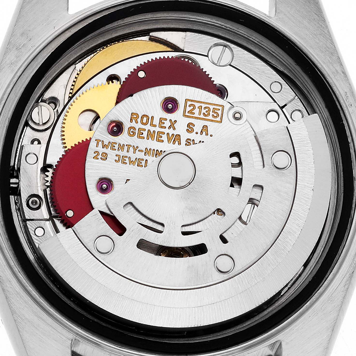 The image shows the internal mechanism of the Rolex Datejust 69173 Women's Steel and Gold (two tone) White Dial 69173 Women's Steel and Gold (two tone) White Dial watch from a back angle, displaying gears and movement parts.