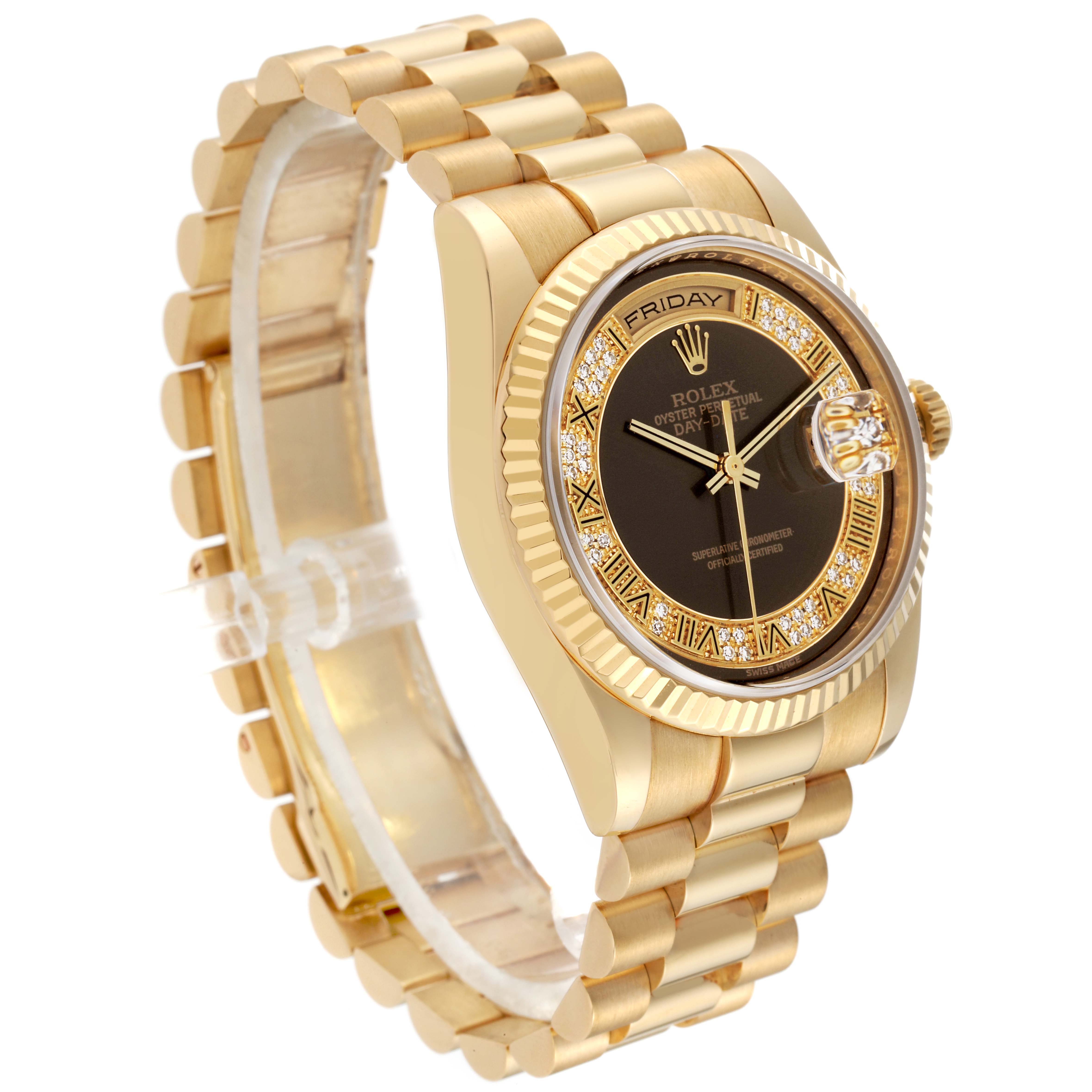 The image shows a Rolex President 118238 Men's Yellow Gold Brown Dial 118238 Men's Yellow Gold Brown Dial model watch at a slight angle, displaying its gold band, bezel, and black dial with diamond accents.