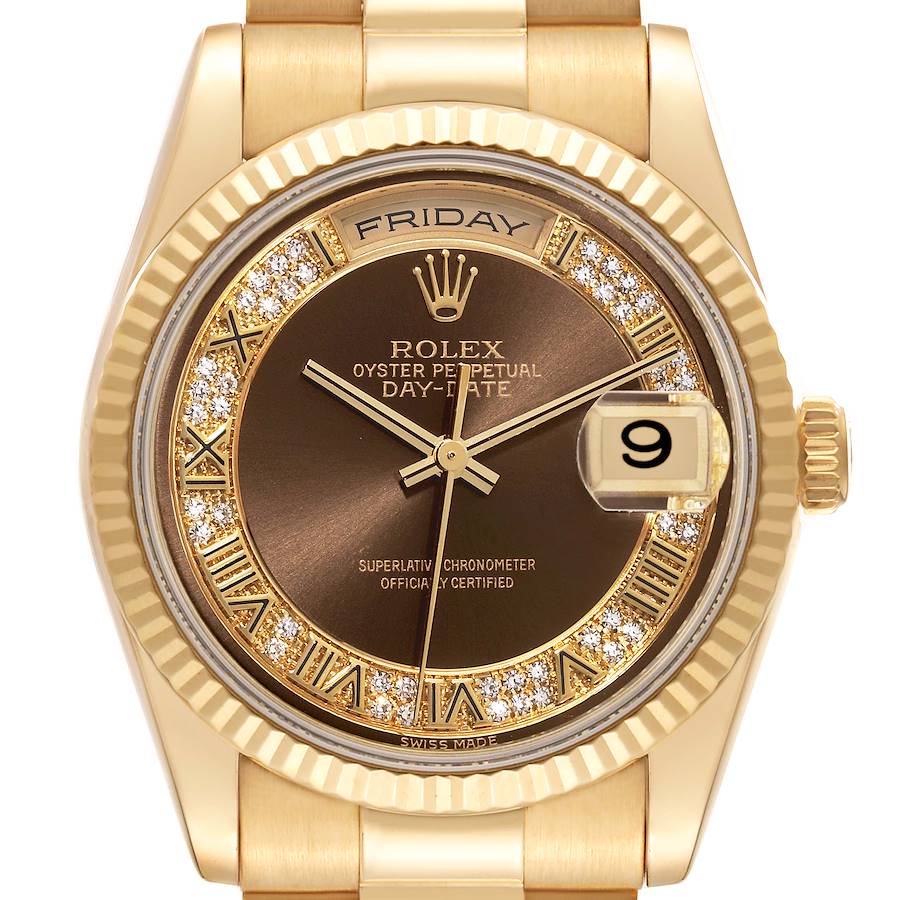 Rolex Day Date President Yellow Gold Myriad Diamond Dial Mens Watch 118238 SwissWatchExpo