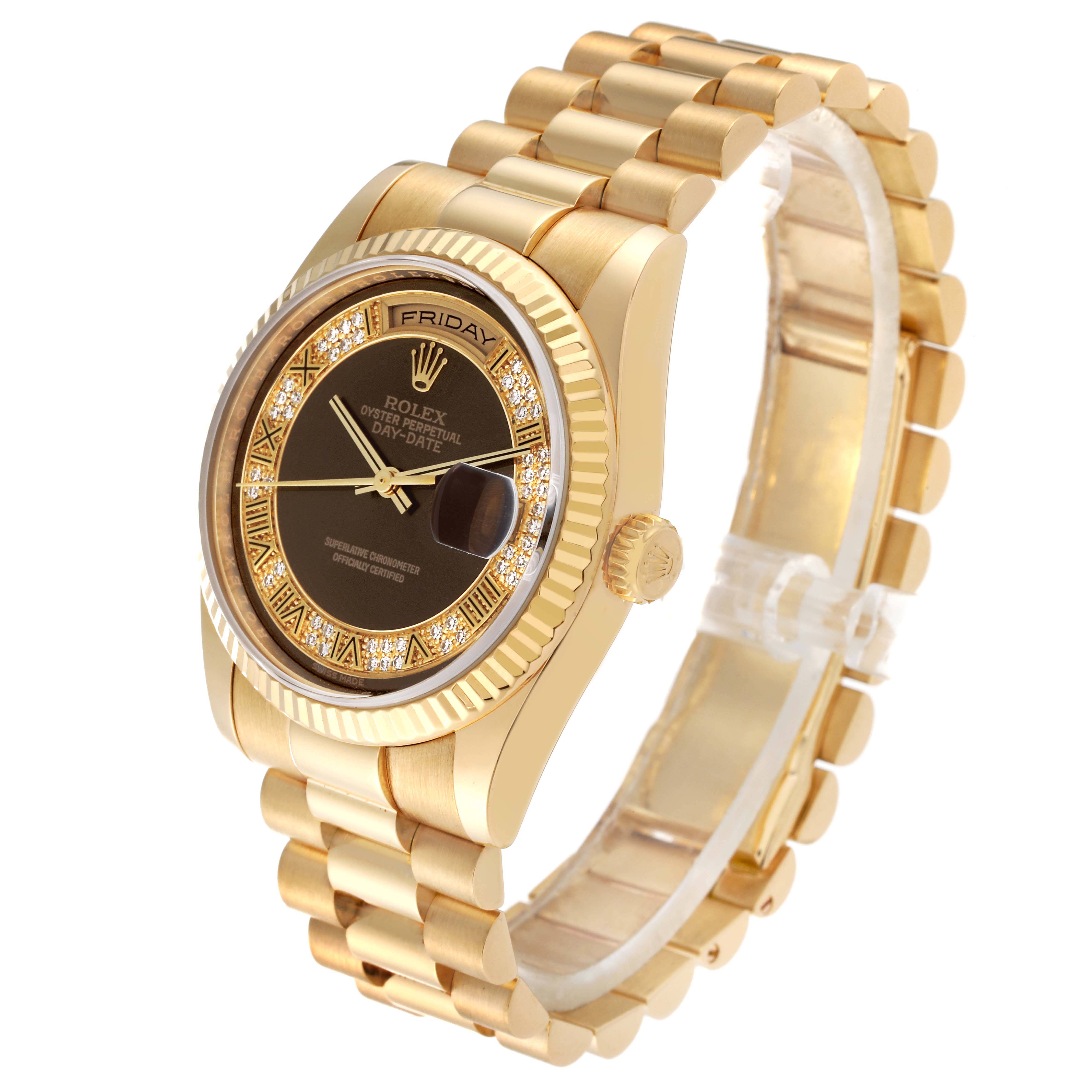 This image shows a Rolex President 118238 Men's Yellow Gold Brown Dial 118238 Men's Yellow Gold Brown Dial model with a gold bracelet, detailed bezel, and a black dial at a three-quarter angle.