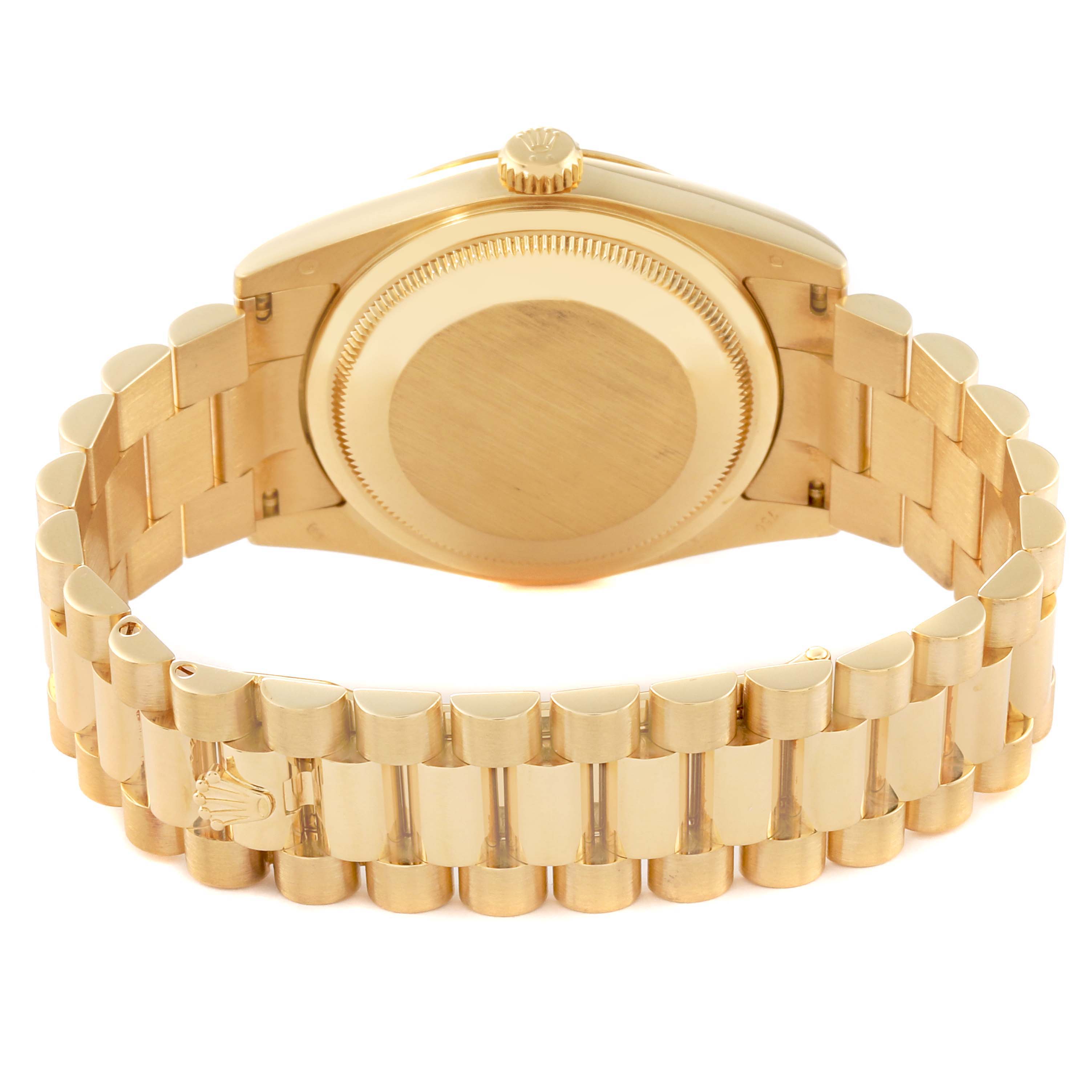 The image shows the back view of the Rolex President 118238 Men's Yellow Gold Brown Dial 118238 Men's Yellow Gold Brown Dial model watch, highlighting the case back and the bracelet.