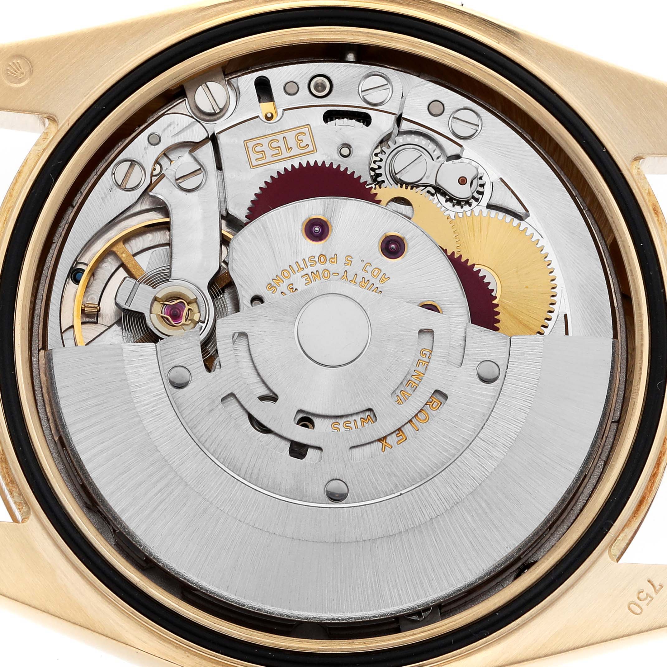 The image shows the movement components of a Rolex President 118238 Men's Yellow Gold Brown Dial 118238 Men's Yellow Gold Brown Dial model watch from a case-back view.