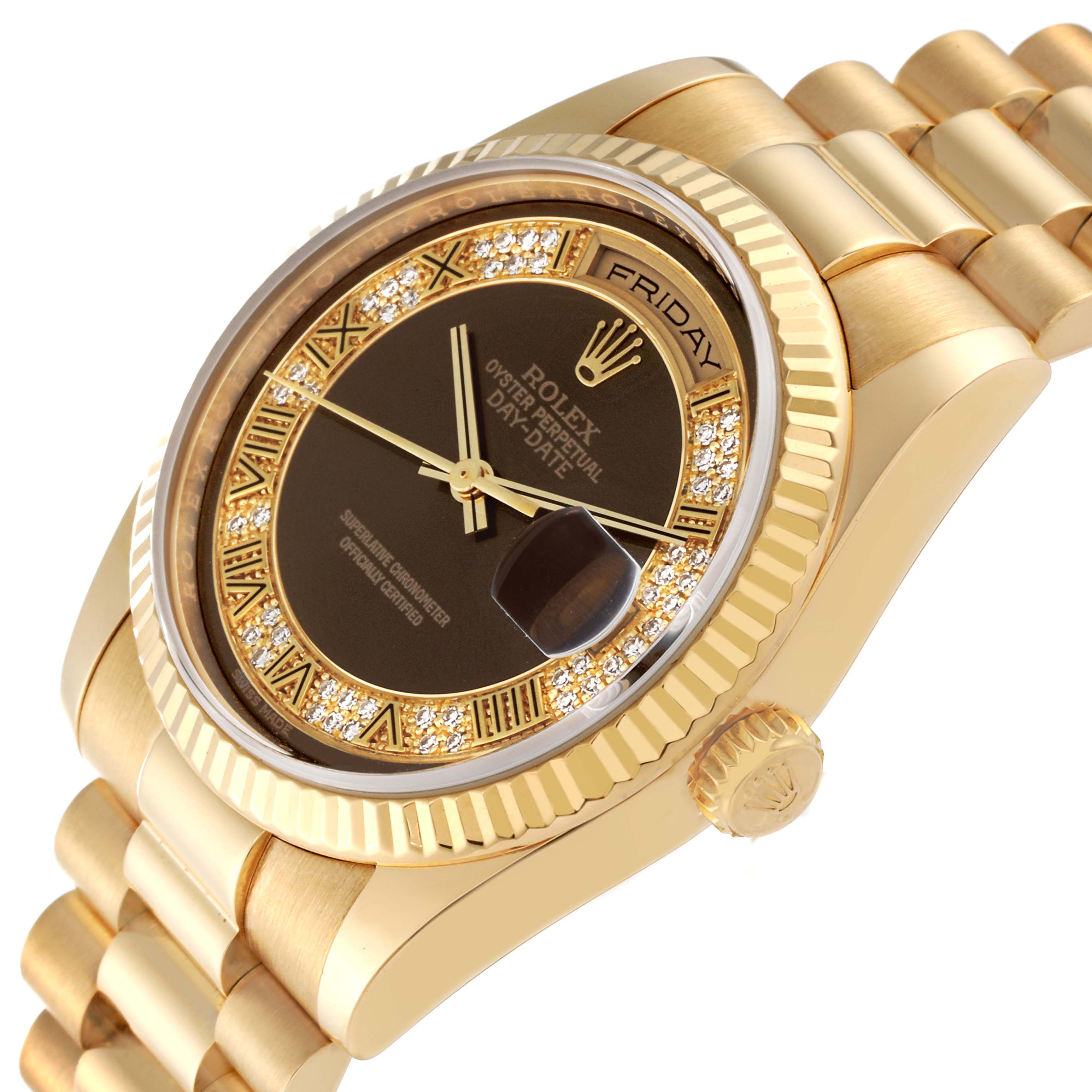 The image shows a Rolex President 118238 Men's Yellow Gold Brown Dial 118238 Men's Yellow Gold Brown Dial model watch from an angled side view, highlighting the bezel, dial, and part of the bracelet.