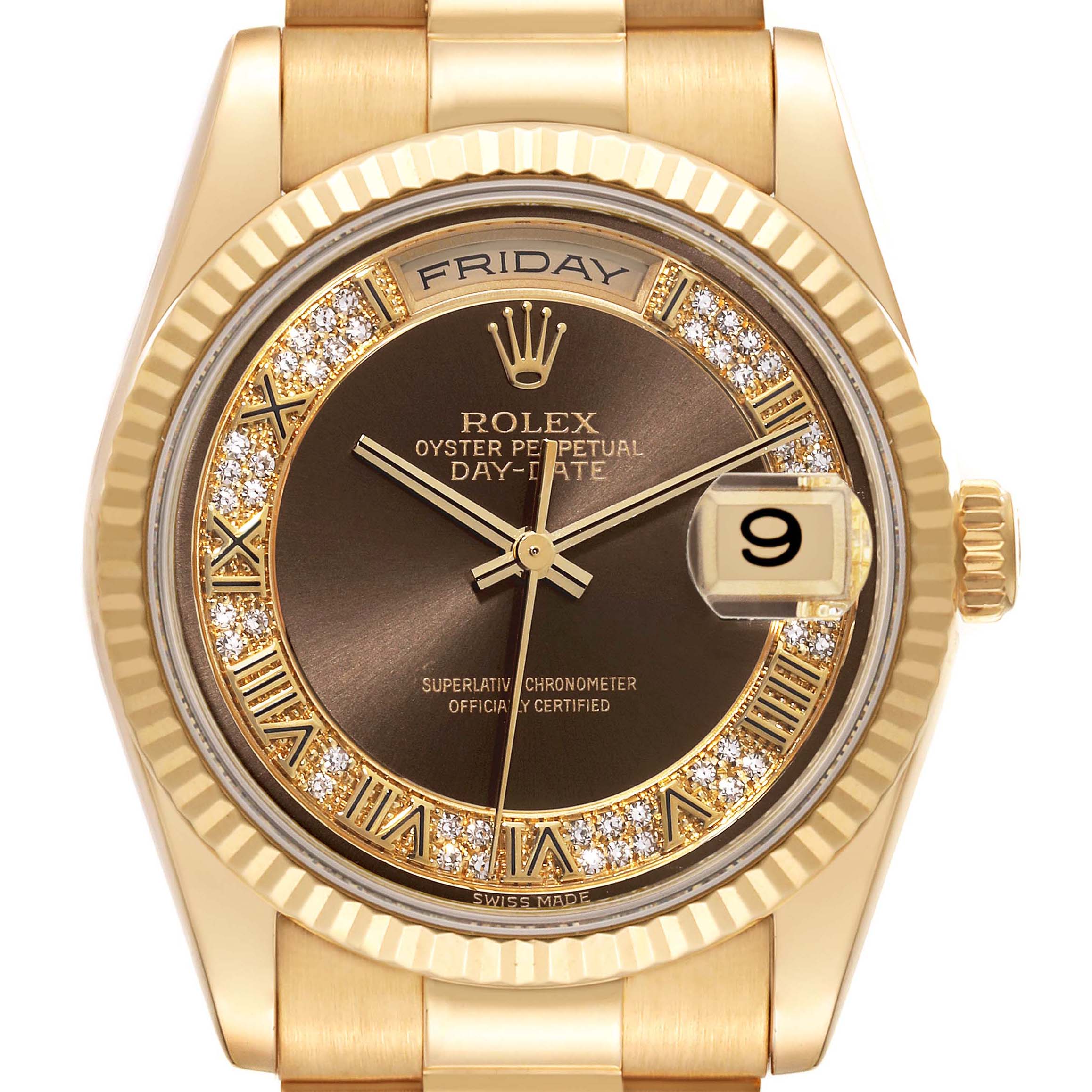 The Rolex President 118238 Men's Yellow Gold Brown Dial 118238 Men's Yellow Gold Brown Dial model is shown front-facing, highlighting the dial, day-date feature, and bezel.