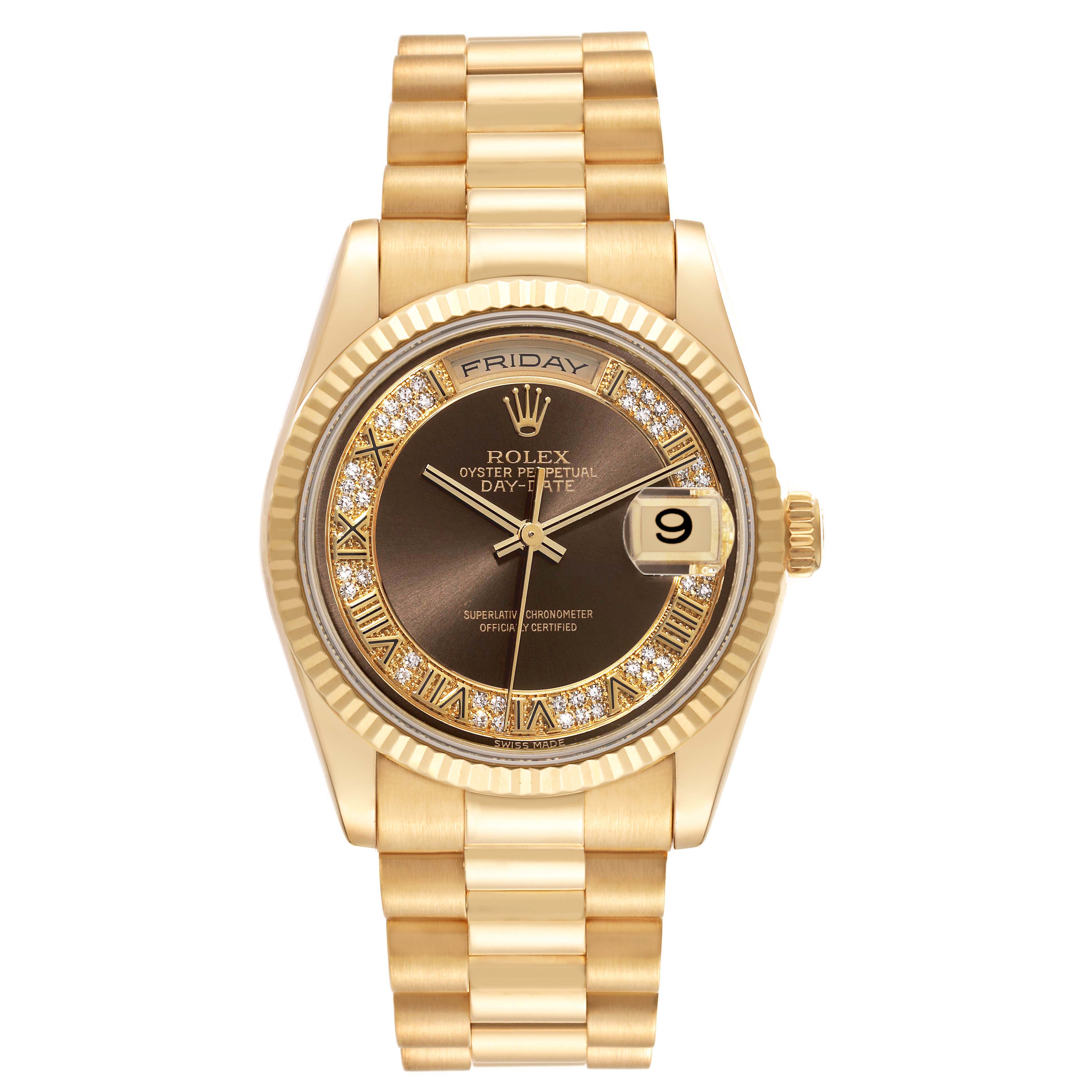 The Rolex President 118238 Men's Yellow Gold Brown Dial 118238 Men's Yellow Gold Brown Dial model is shown from the front, highlighting the face, bracelet, and fluted bezel.