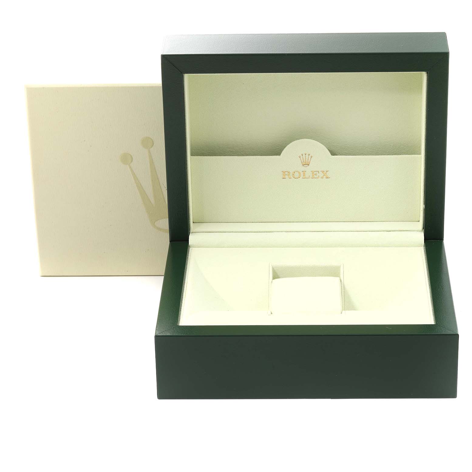 This image shows an open Rolex watch box for the President model, displaying the inner lining and crown logo.