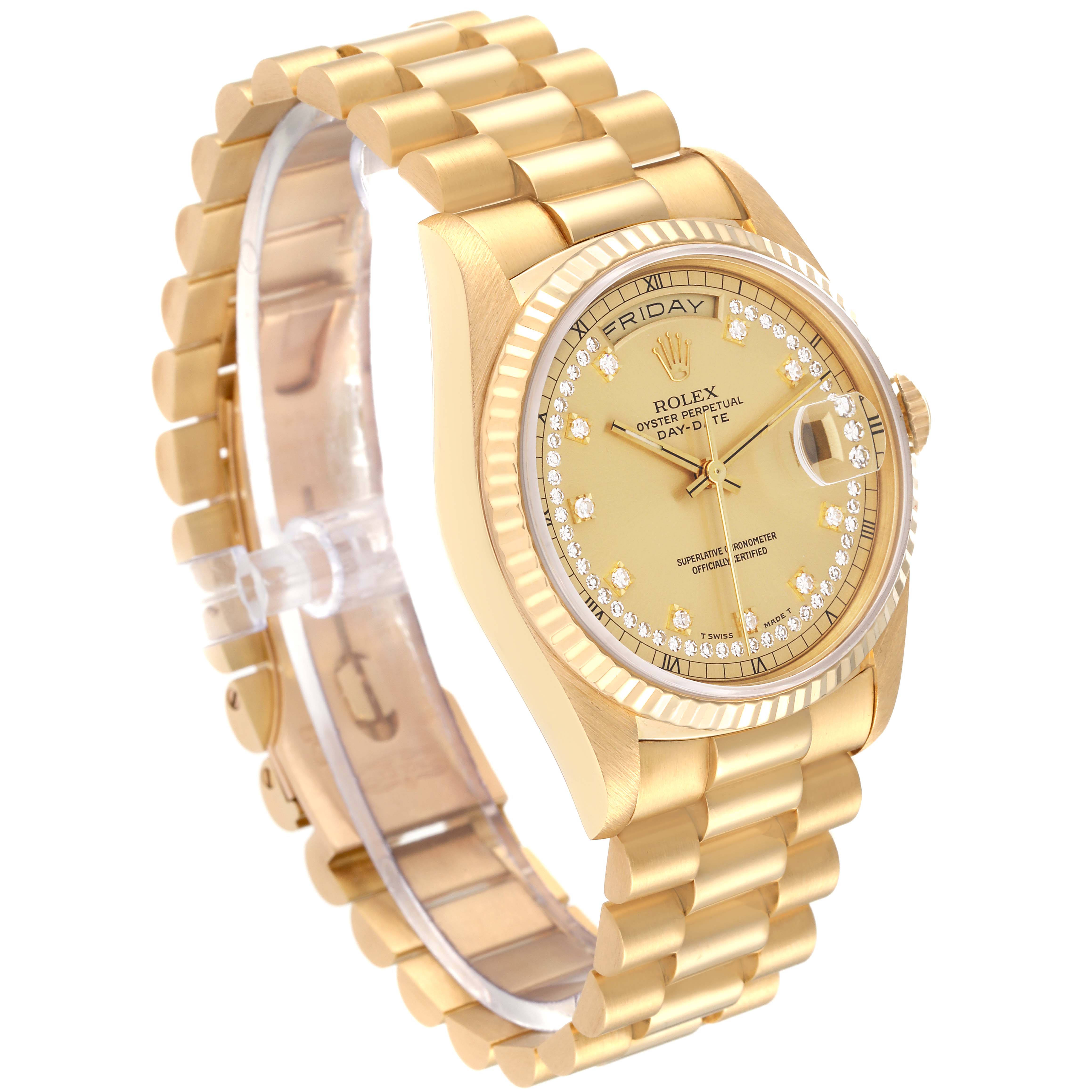 The Rolex President 18238 Men
s Yellow Gold Champagne Dial 18238 Men
s Yellow Gold Champagne Dial model watch is shown at an angled side view, displaying its gold bracelet, dial, and diamond hour markers.