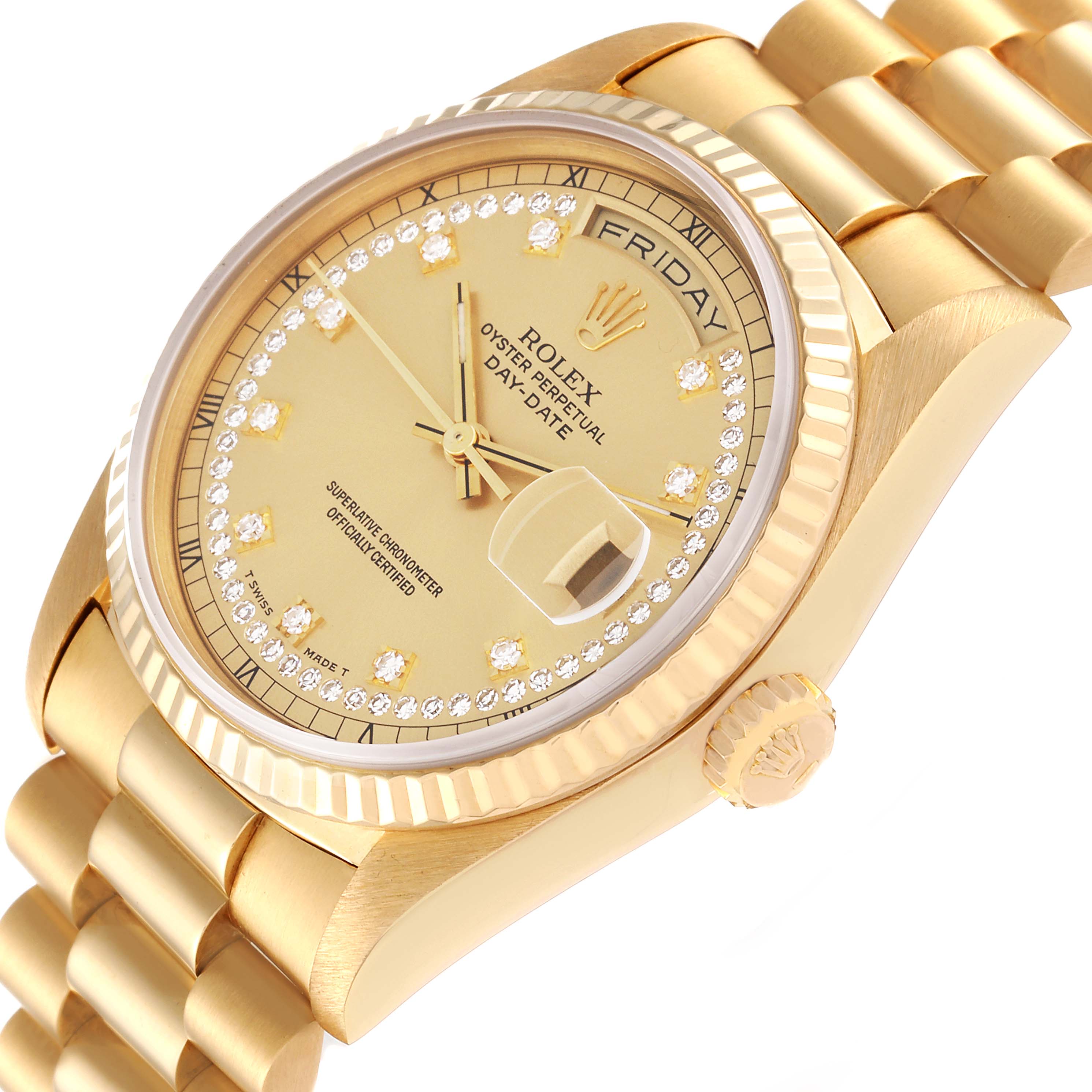 The image shows a close-up angle of the dial, crown, and part of the bracelet of a Rolex President 18238 Men
s Yellow Gold Champagne Dial 18238 Men
s Yellow Gold Champagne Dial watch.