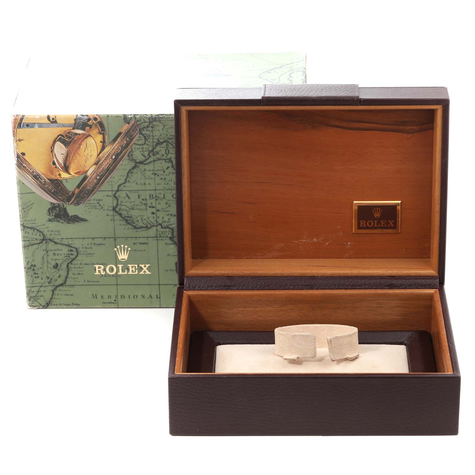 The image shows a Rolex President 18238 Men
s Yellow Gold Champagne Dial 18238 Men
s Yellow Gold Champagne Dial model watch box and packaging, including an open wooden display box and an exterior map-themed box.
