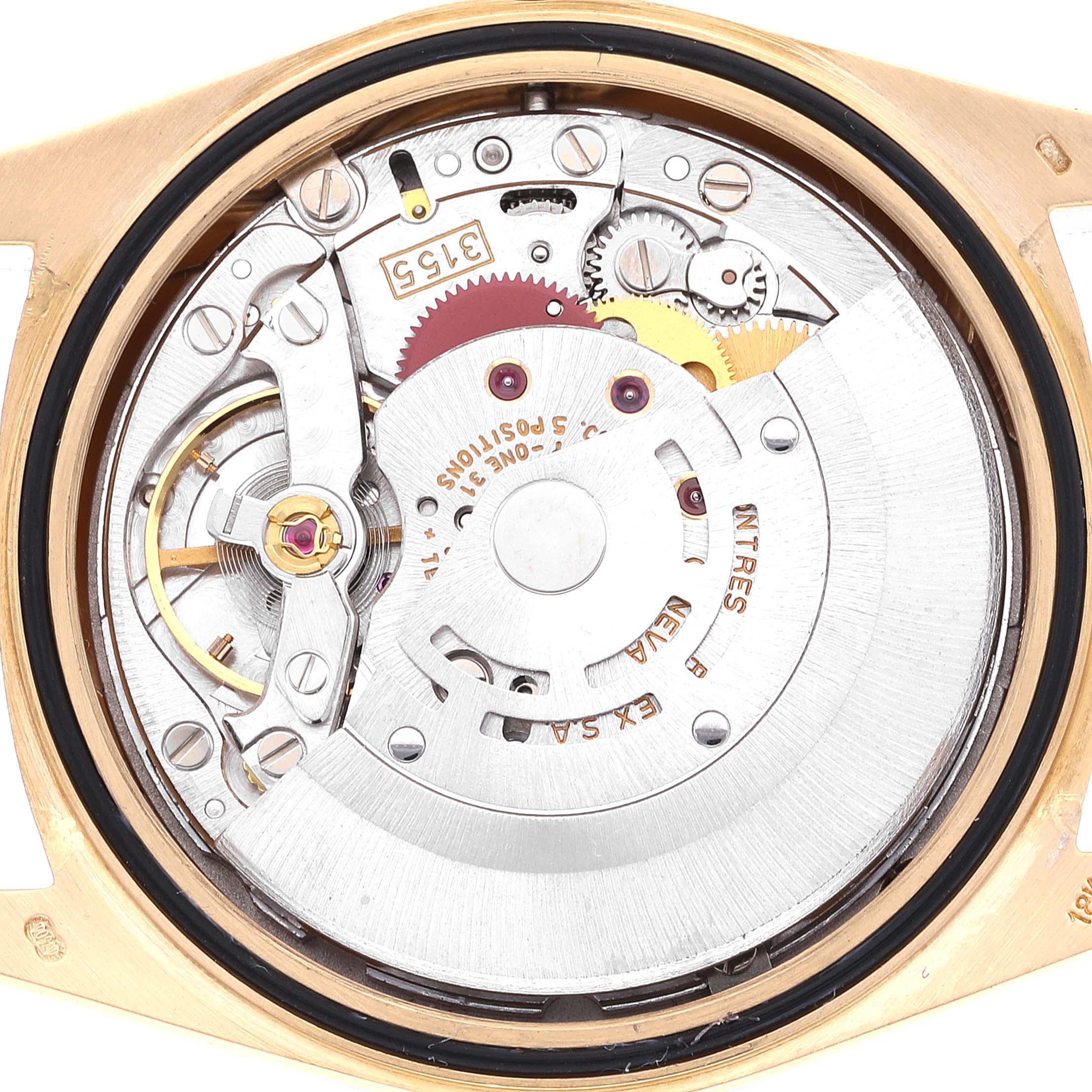 This image shows the inner mechanical parts of a Rolex President 18238 Men
s Yellow Gold Champagne Dial 18238 Men
s Yellow Gold Champagne Dial model watch from the caseback view.
