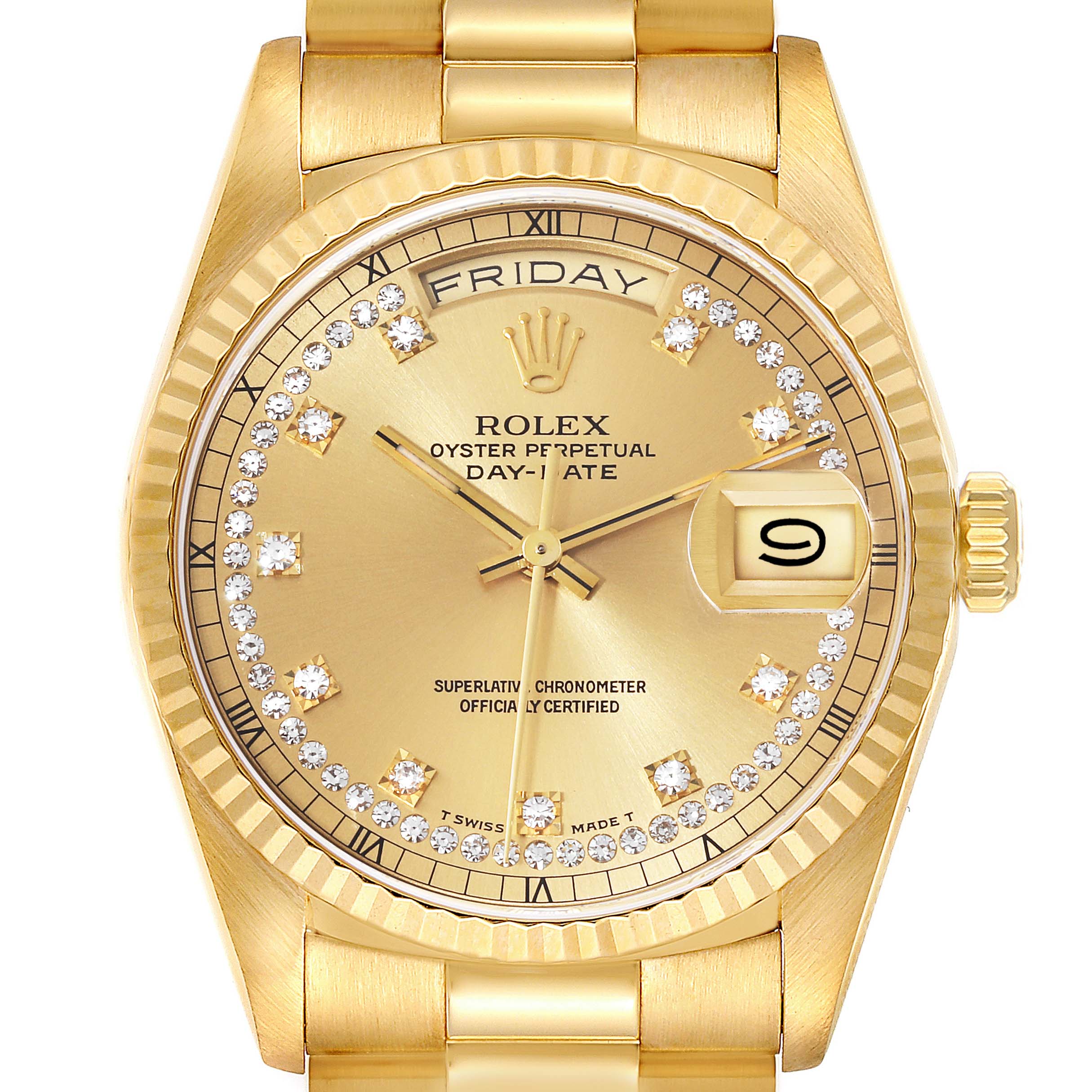 The image shows a frontal view of a Rolex President 18238 Men
s Yellow Gold Champagne Dial 18238 Men
s Yellow Gold Champagne Dial Day-Date watch, highlighting the gold dial, diamond hour markers, and day-date windows.