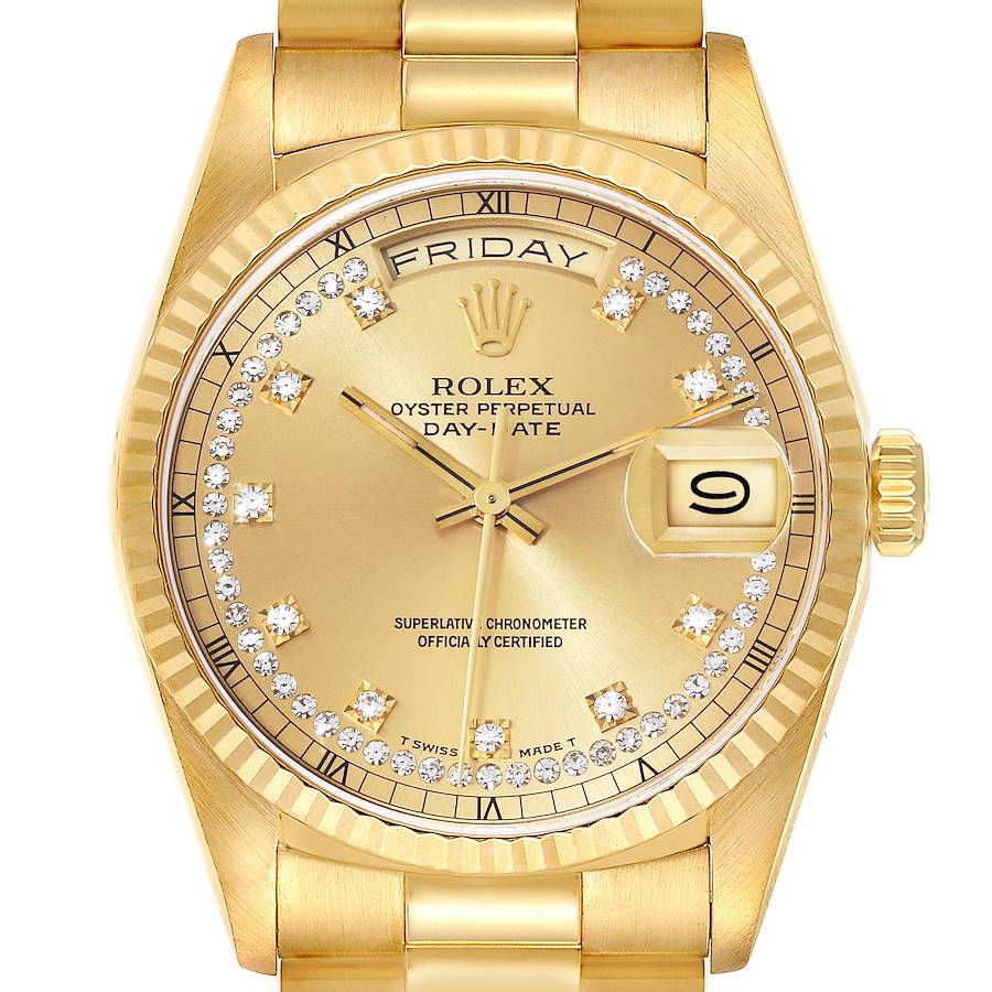 Rolex Day-Date President Yellow Gold String Diamond Mens Watch 18238 SwissWatchExpo