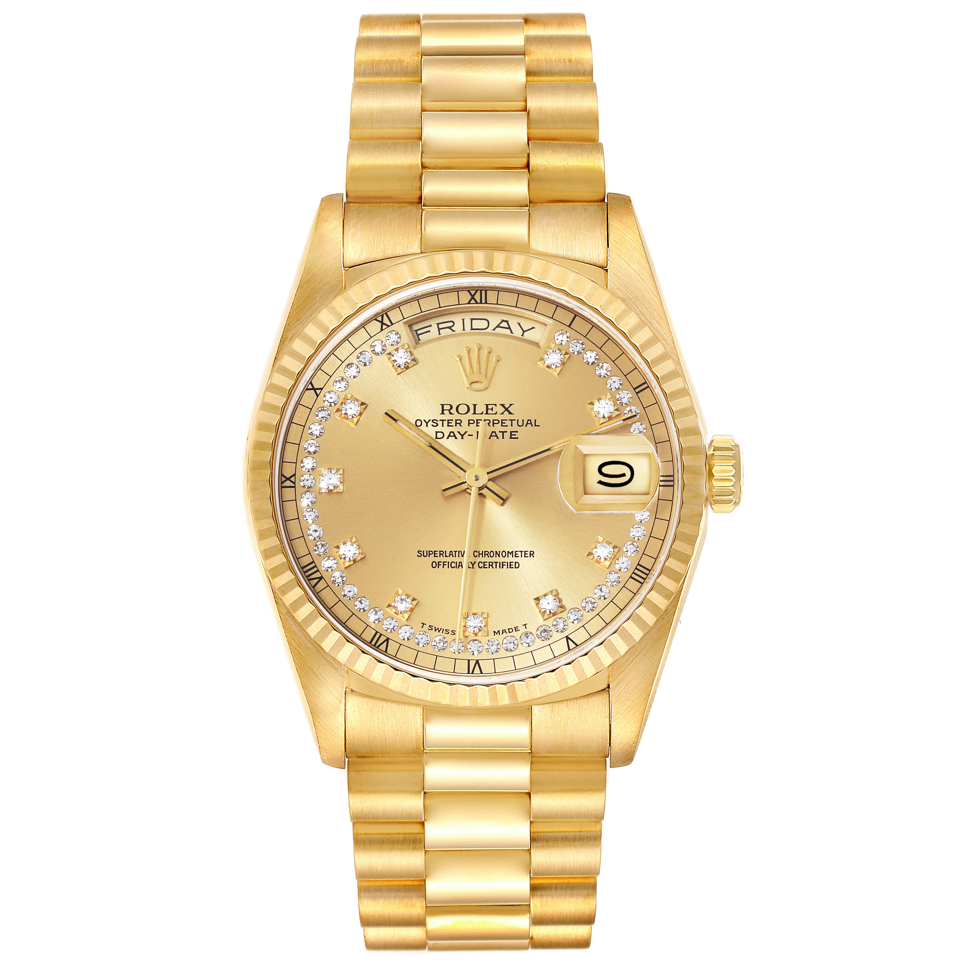 Rolex Day-Date President Yellow Gold String Diamond Mens Watch 18238 ...