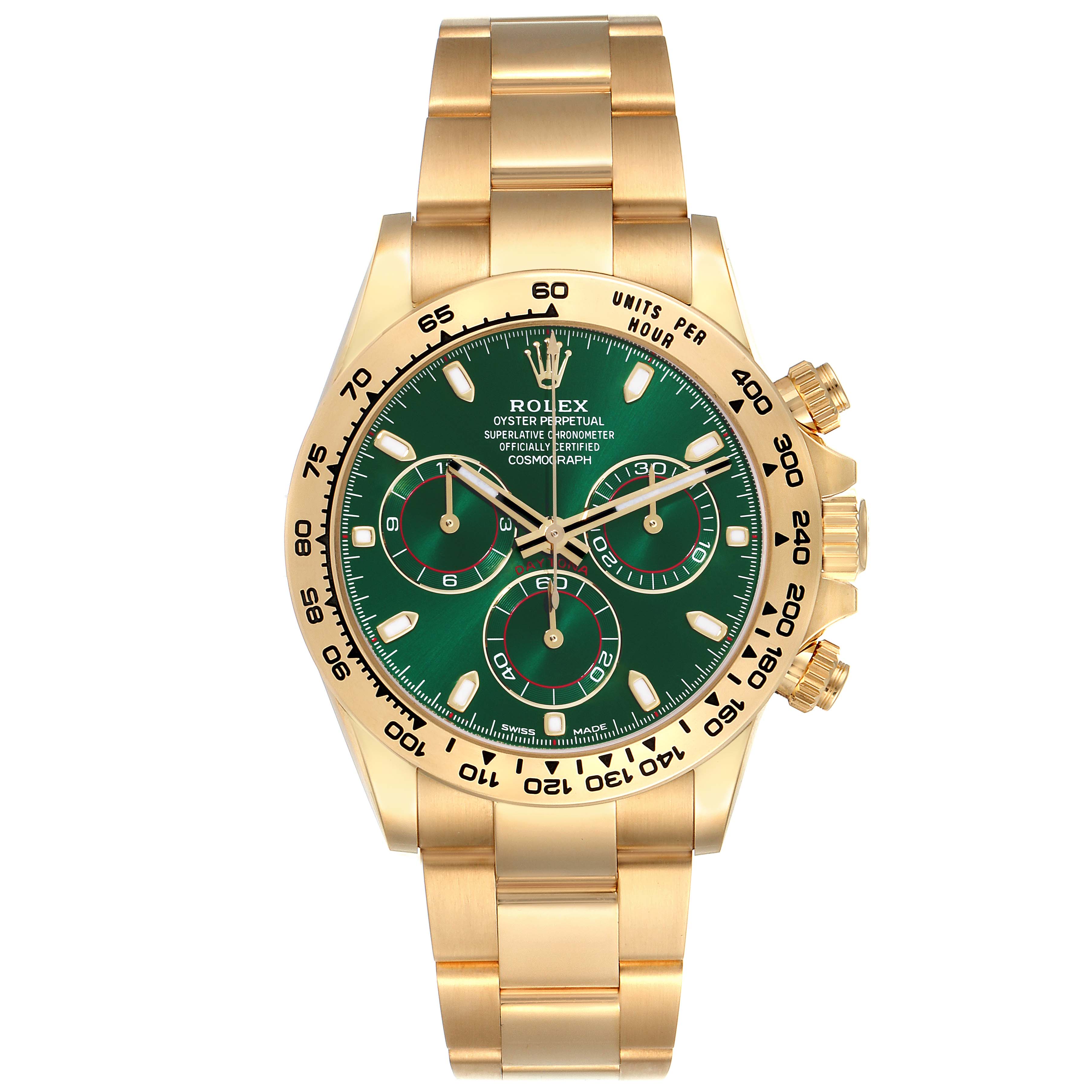 This image shows a front view of a Rolex Daytona 116508 Men's Yellow Gold Green Dial 116508 Men's Yellow Gold Green Dial watch with a green dial and gold bracelet.