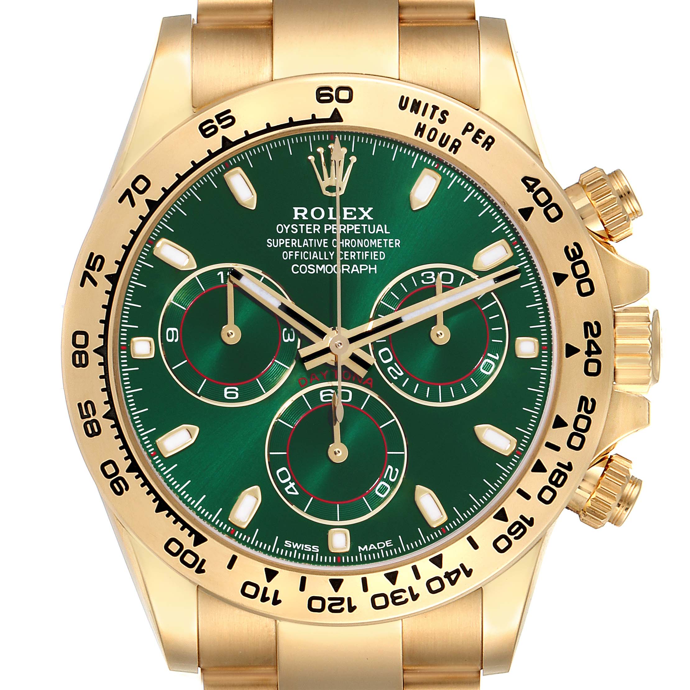 The image shows a front view of the Rolex Daytona 116508 Men's Yellow Gold Green Dial 116508 Men's Yellow Gold Green Dial watch, highlighting the green dial, chronograph subdials, and gold case.