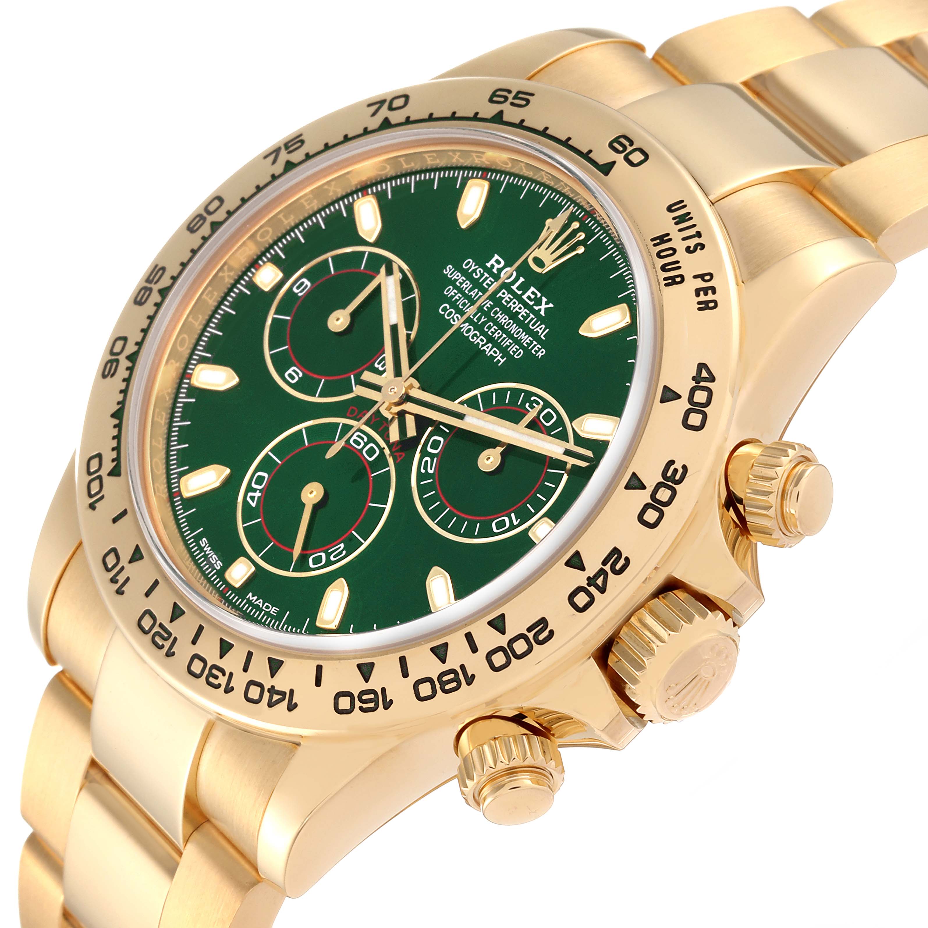 The image shows a close-up view of the Rolex Daytona 116508 Men's Yellow Gold Green Dial 116508 Men's Yellow Gold Green Dial watch featuring its green dial, gold case, bezel, and the crown and pushers on the side.