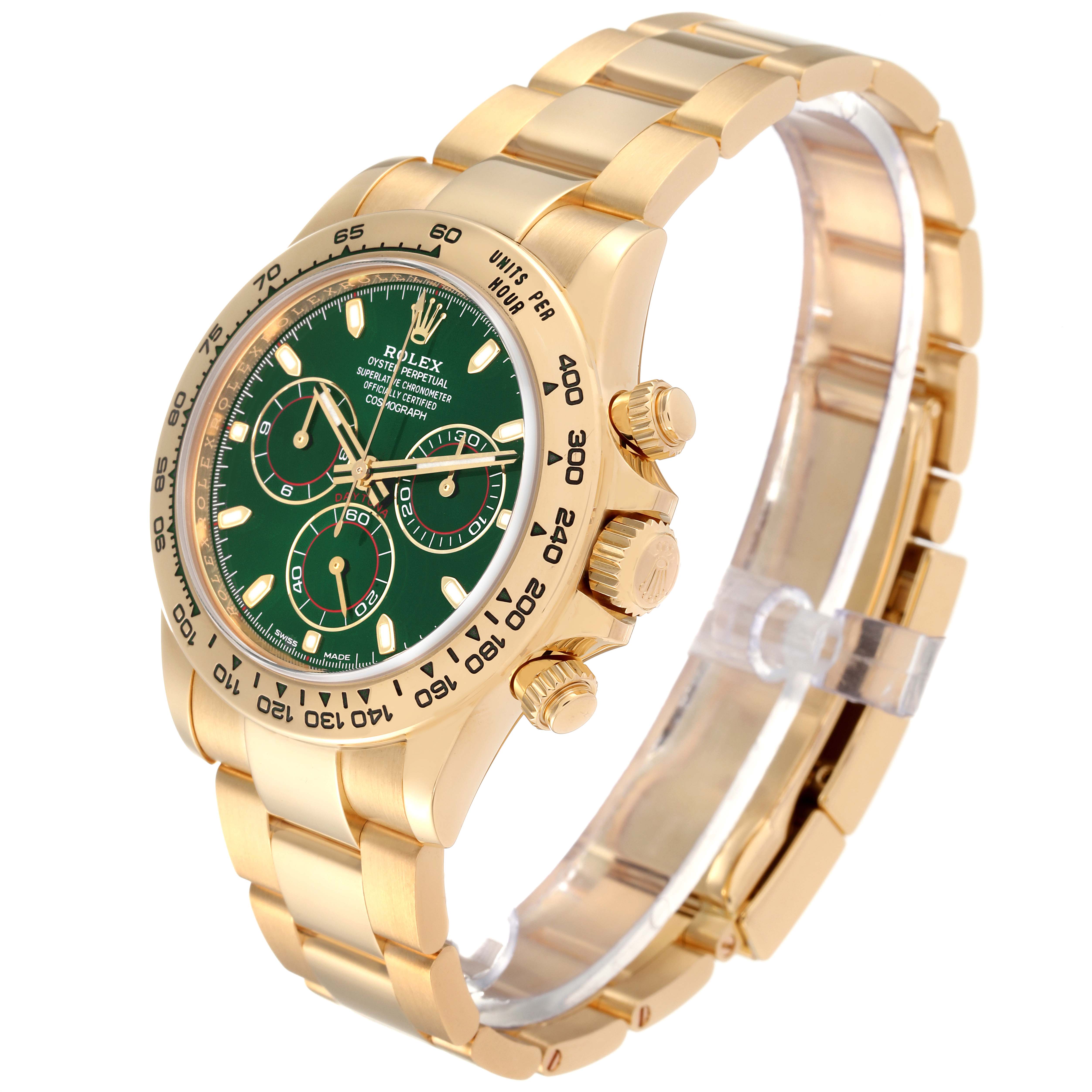 The image shows a Rolex Daytona 116508 Men's Yellow Gold Green Dial 116508 Men's Yellow Gold Green Dial watch at an angle that highlights the bracelet, watch face, and side control buttons.