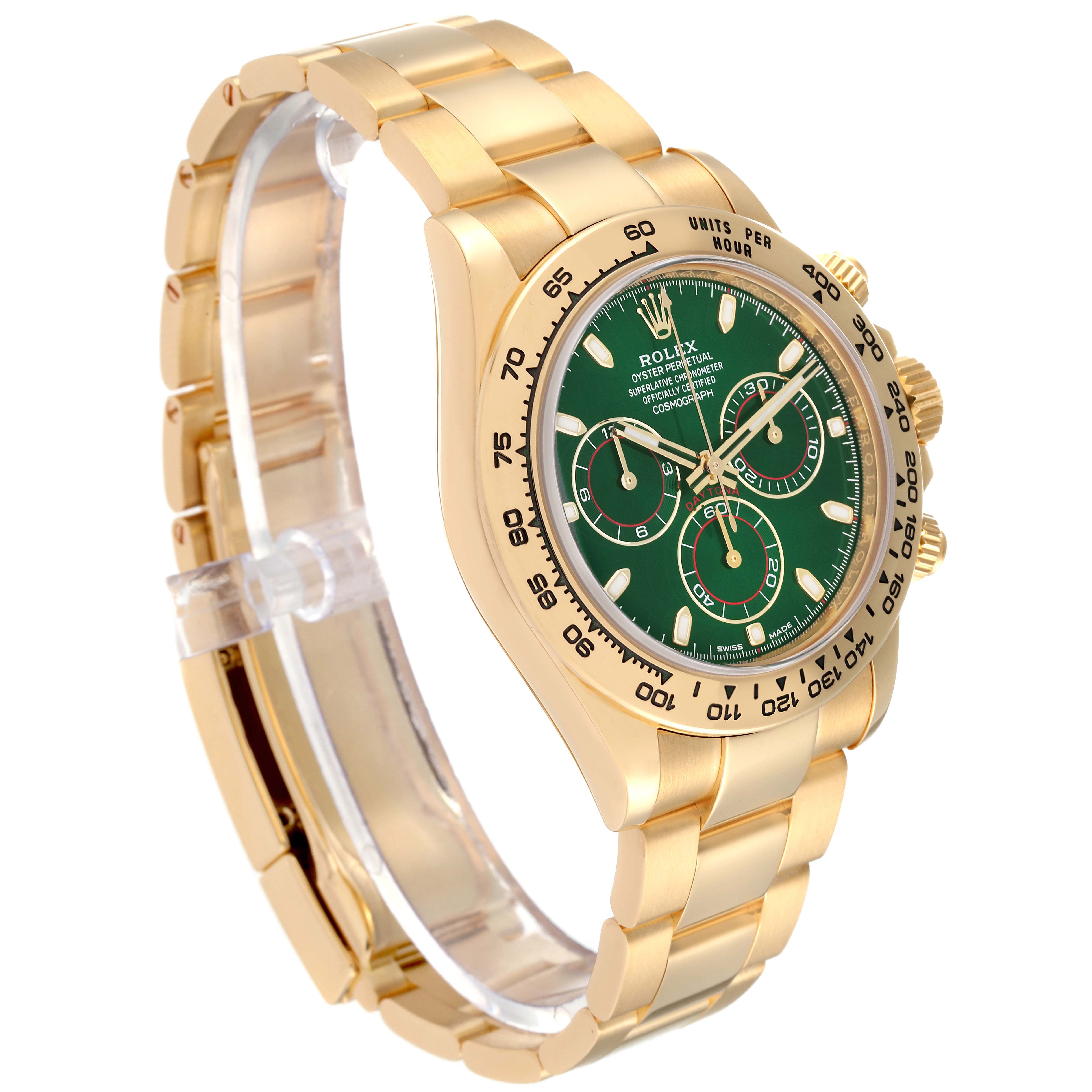 The Rolex Daytona 116508 Men's Yellow Gold Green Dial 116508 Men's Yellow Gold Green Dial watch is shown at a slight angle, highlighting its gold bracelet, green dial, chronograph subdials, and bezel with tachymetric scale.