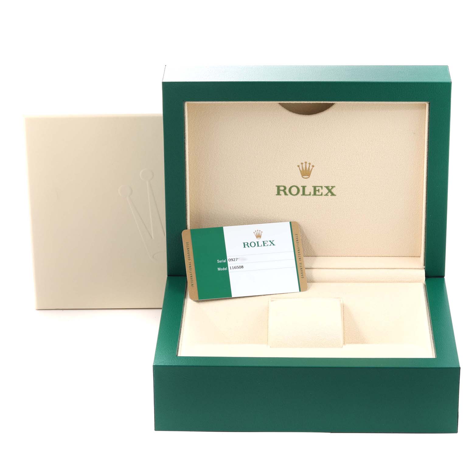 The image shows the open packaging box and a warranty card for the Rolex Daytona 116508 Men's Yellow Gold Green Dial 116508 Men's Yellow Gold Green Dial watch model.